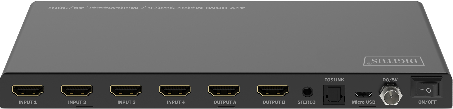 Schwarzer HDMI-Matrix-Switch mit beschrifteten Ein- und Ausgängen.