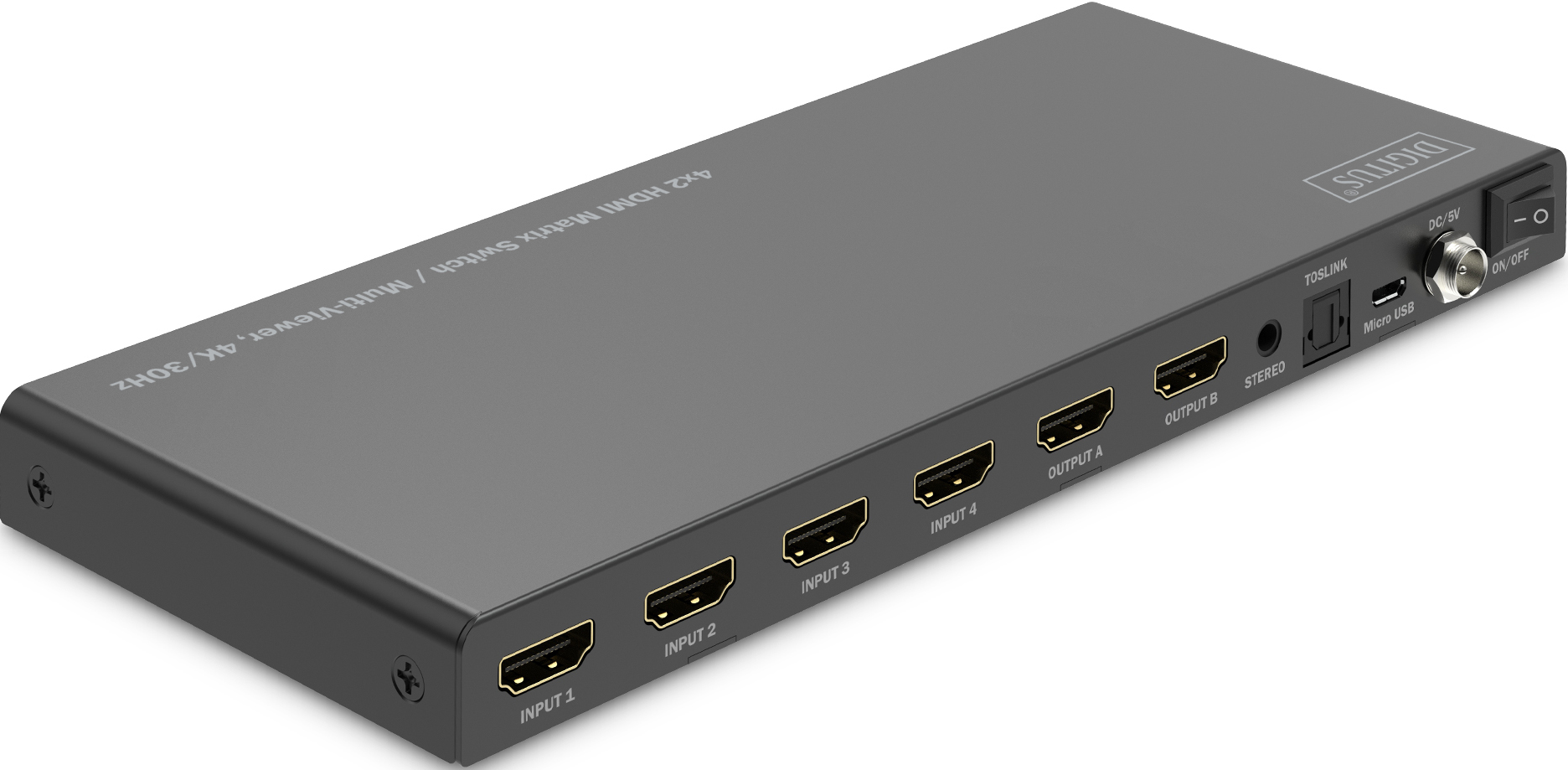 Ein dunkelgrauer 4x2 HDMI Matrix Switch mit mehreren Ein- und Ausgängen.
