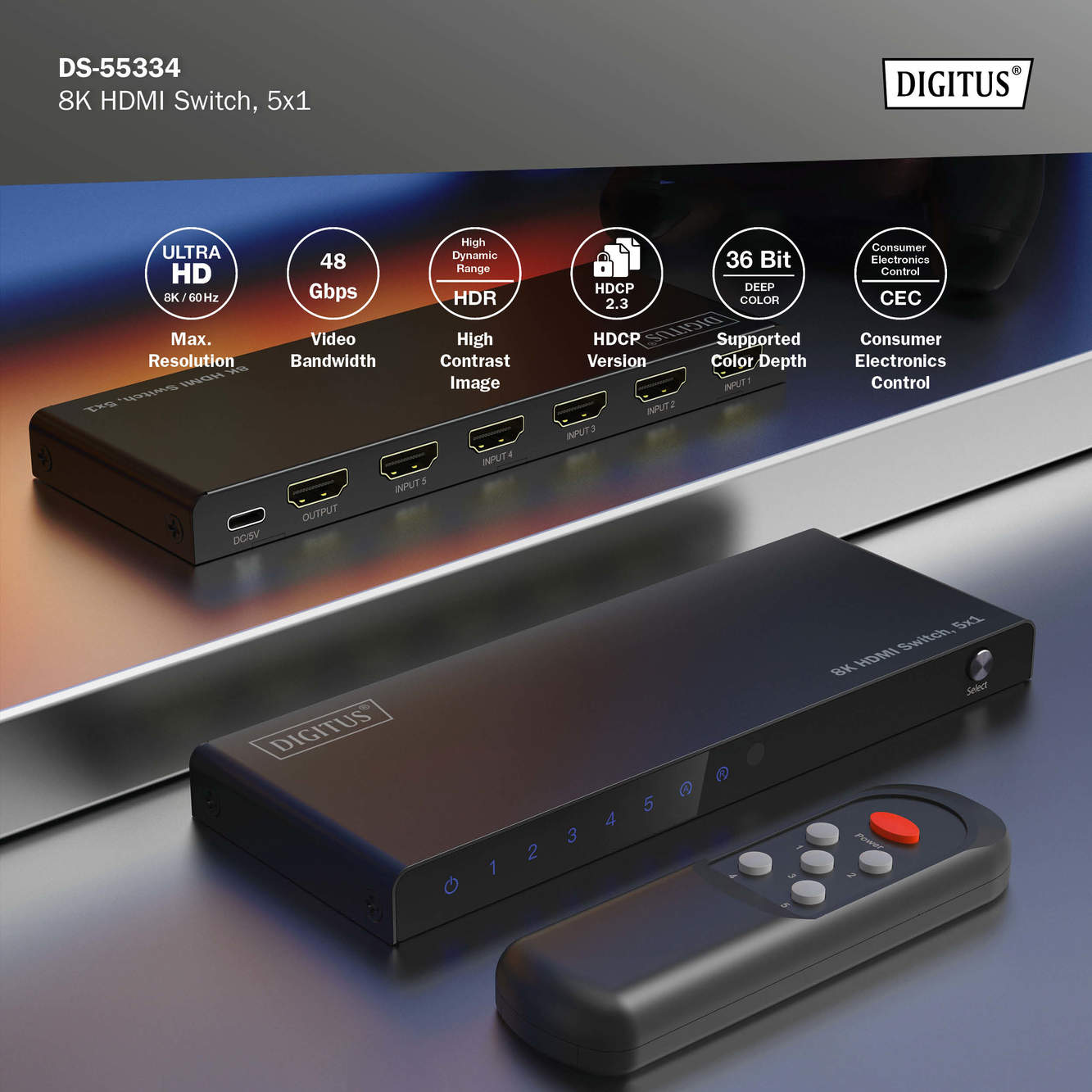 Schwarzer 8K HDMI-Switch mit Fernbedienung. Merkmale sind Ein-/Ausgangsanschlüsse und eine Einschalttaste.
