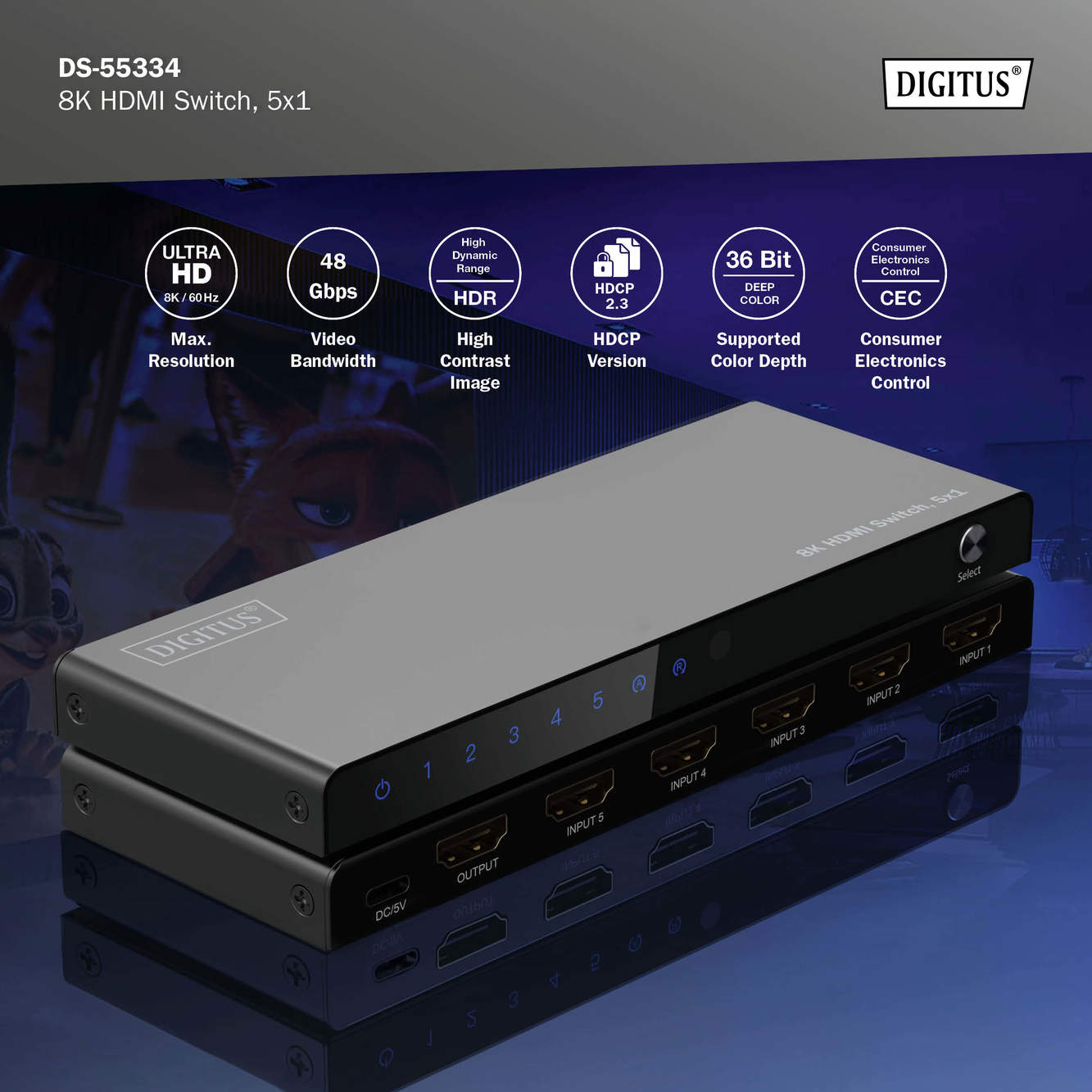 Schwarzer 8K-HDMI-Switch mit mehreren Eingängen. Zeigt die Oberseite von zwei gestapelten Switches.