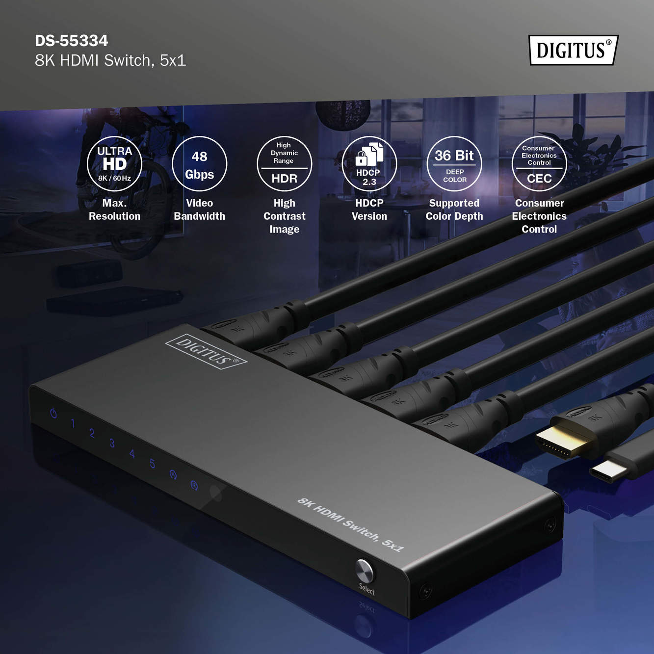 Schwarzer HDMI-Switch mit Kabeln, Grafiken und Text über seine Funktionen.