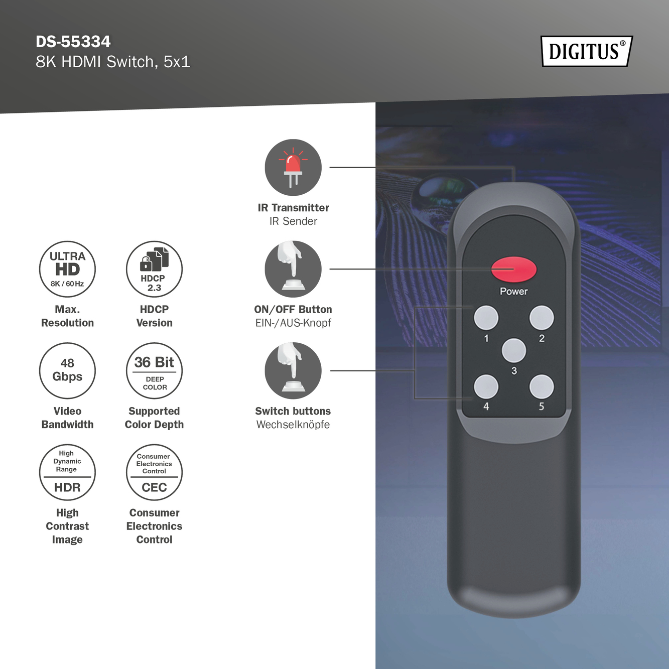 HDMI-Switch mit Fernbedienung. Merkmale: Ultra HD, HDR und verschiedene Tasten zur Steuerung.