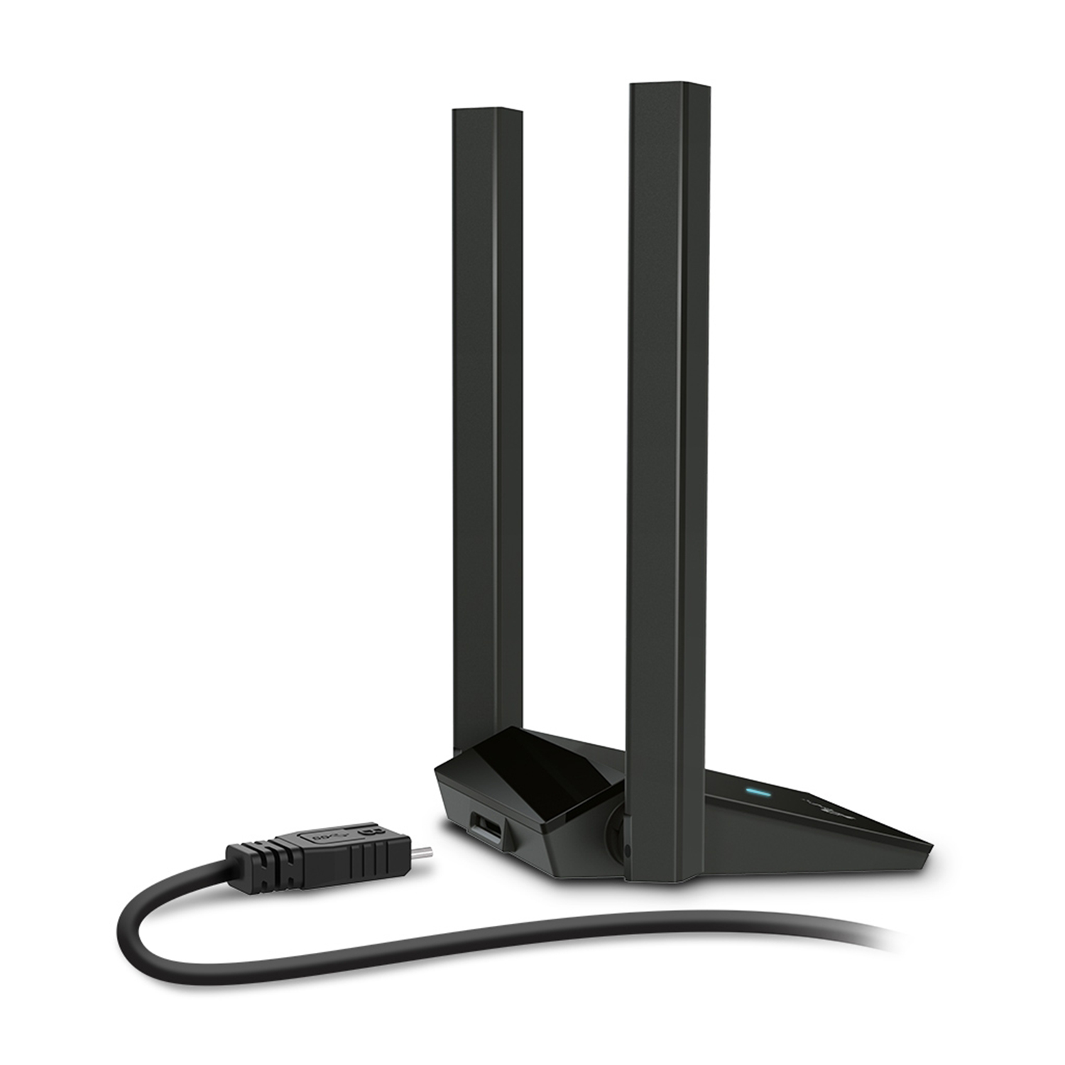 Un adattatore di rete nero con due antenne e un cavo con connettore USB.