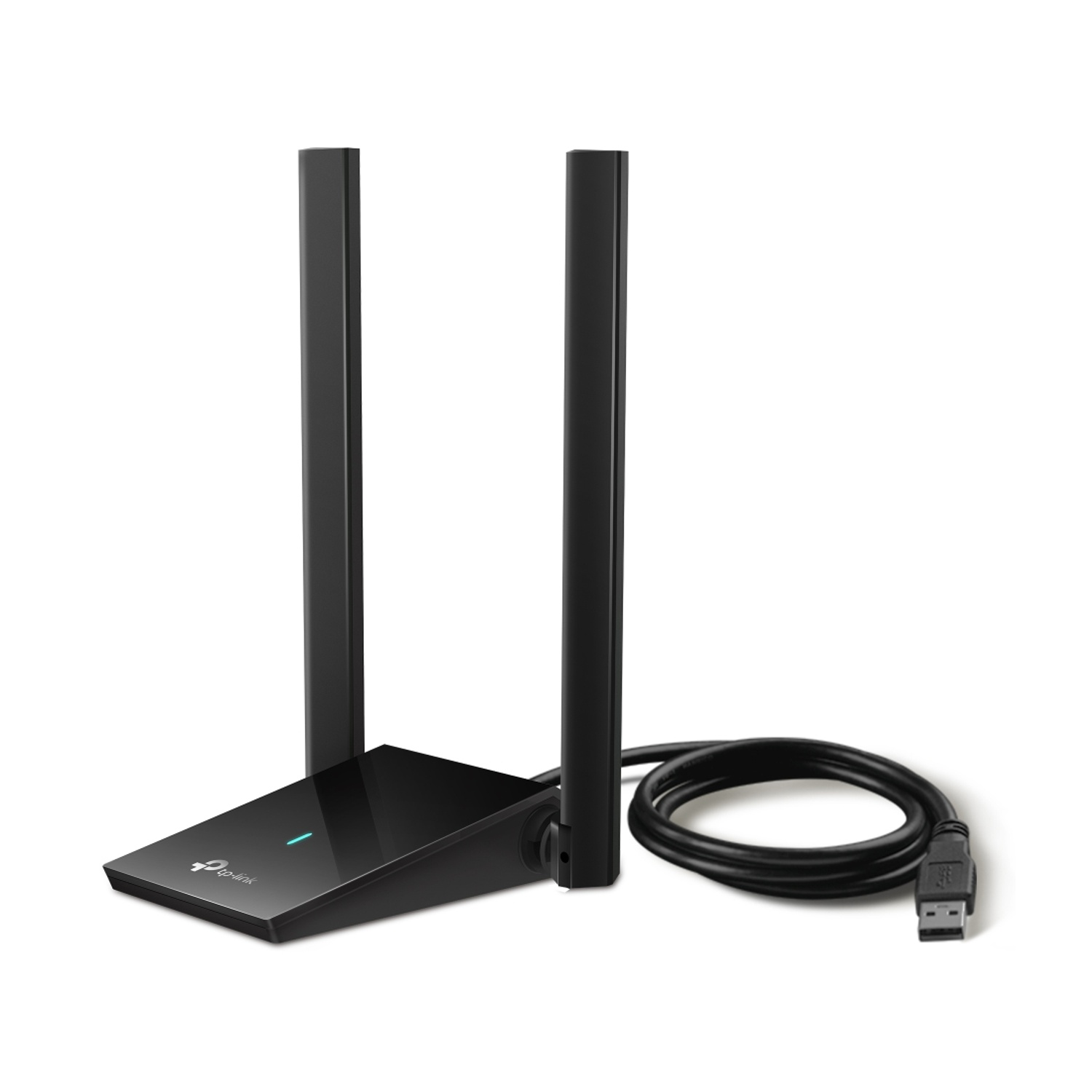 Adattatore WiFi TP-Link nero con due antenne e un cavo USB. Sfondo bianco.