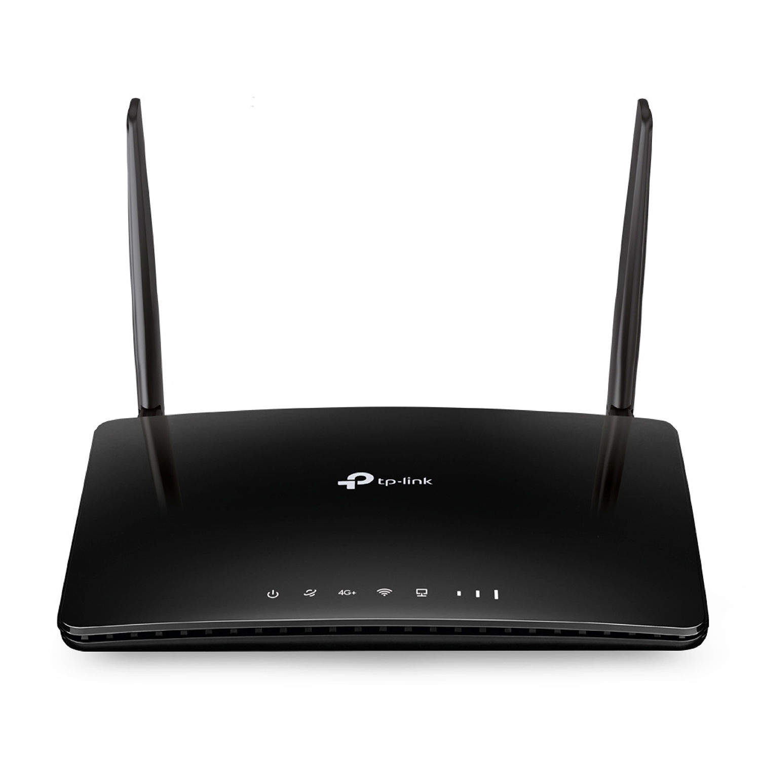 Router TP-Link nero con due antenne su sfondo bianco. Il logo è visibile.
