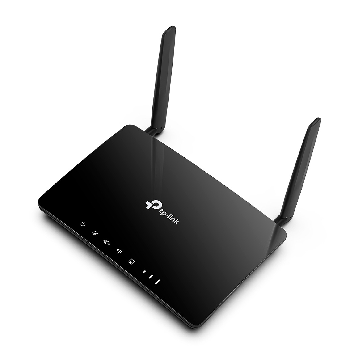Router TP-Link nero con due antenne su sfondo bianco. Ha spie luminose.