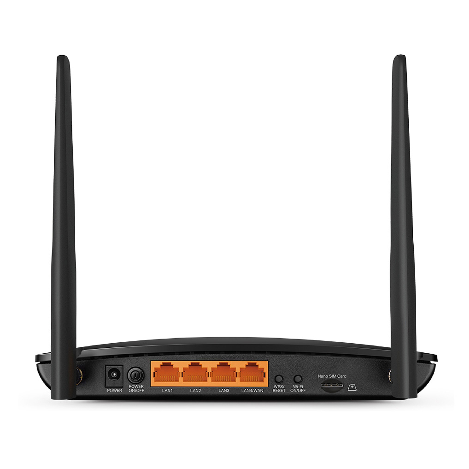 Un router TP-Link nero con due antenne e una varietà di porte.