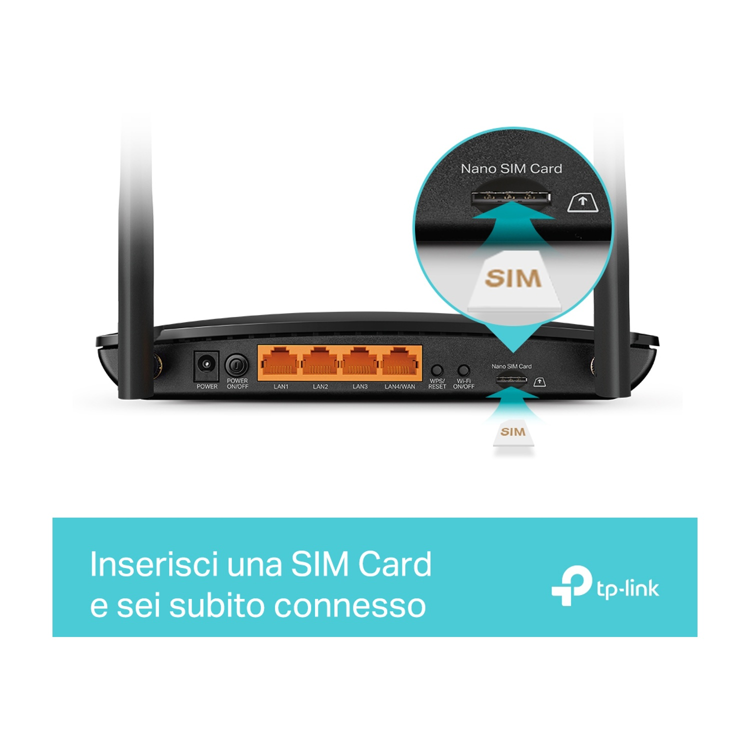 Router con dettaglio slot per scheda Nano SIM. L'immagine mostra porte e slot SIM del router.