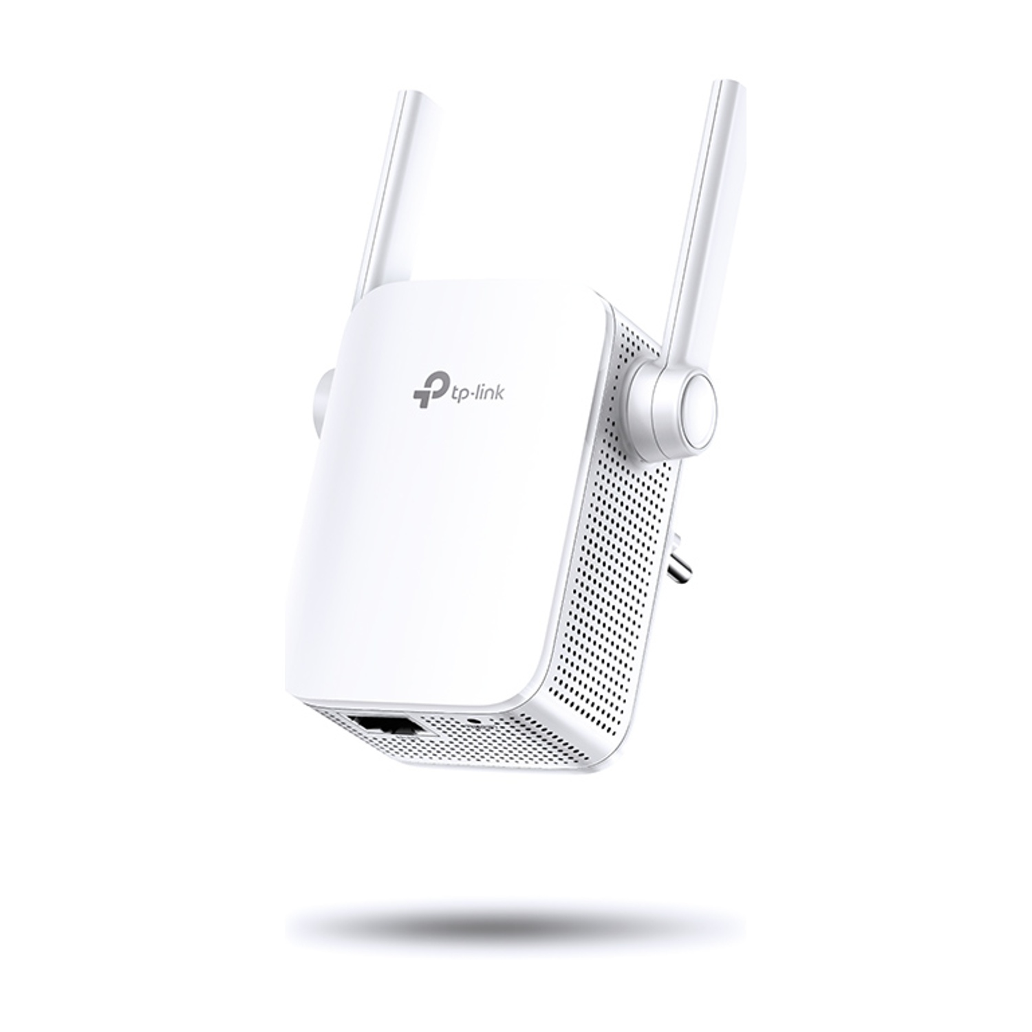 Un ripetitore Wi-Fi TP-Link bianco, che mostra due antenne. Sta fluttuando su uno sfondo bianco.