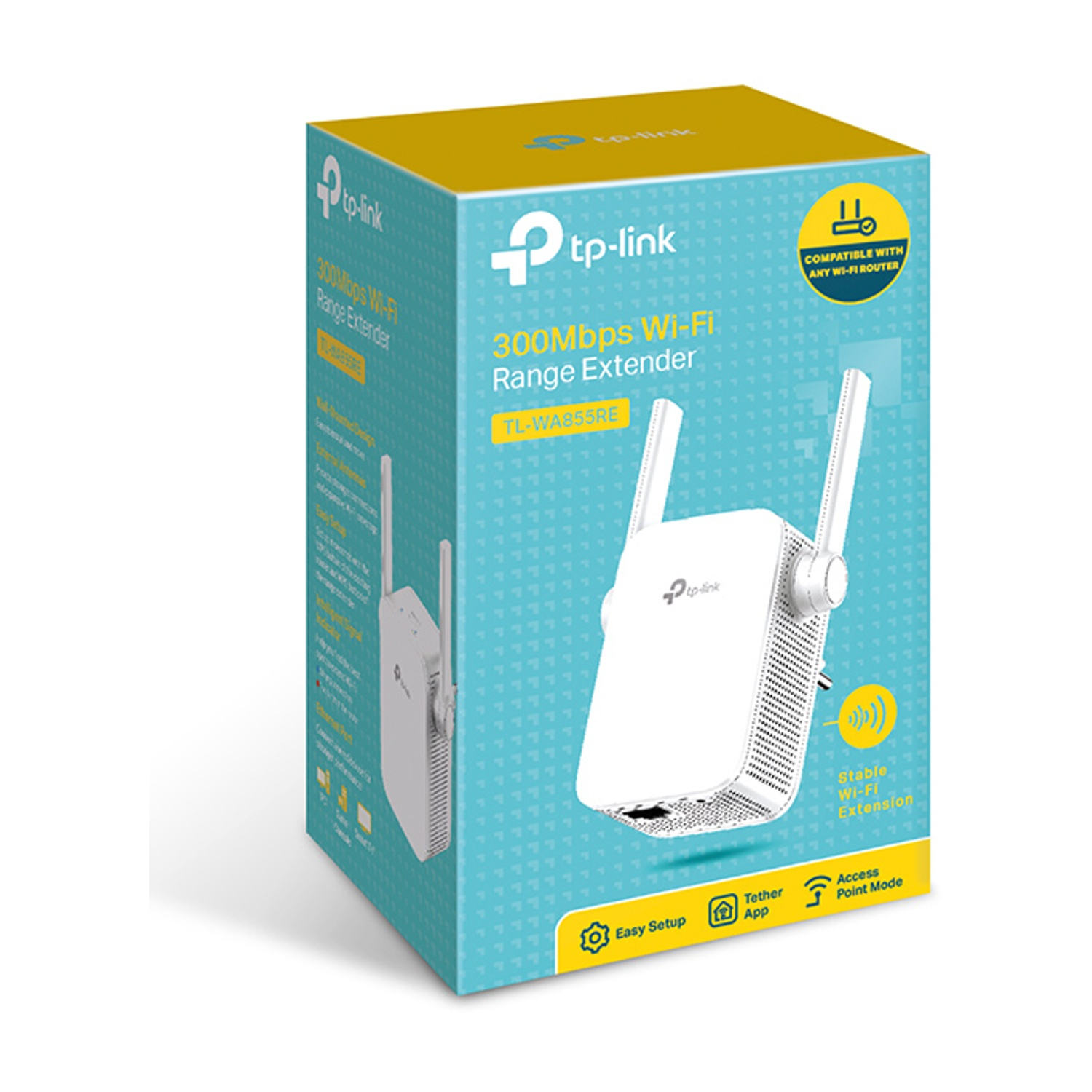 Scatola bianca e blu con un extender Wi-Fi bianco. Mostra l'extender e le sue caratteristiche.