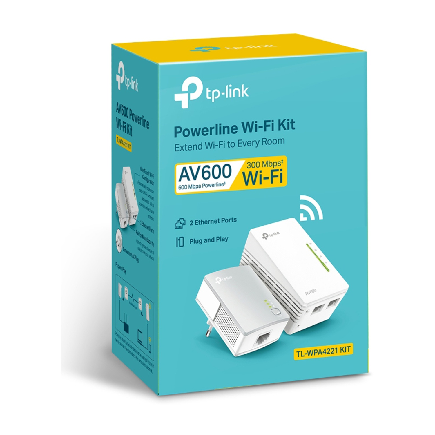 Una scatola del kit Wi-Fi powerline. La scatola mostra due dispositivi e informazioni sul prodotto.