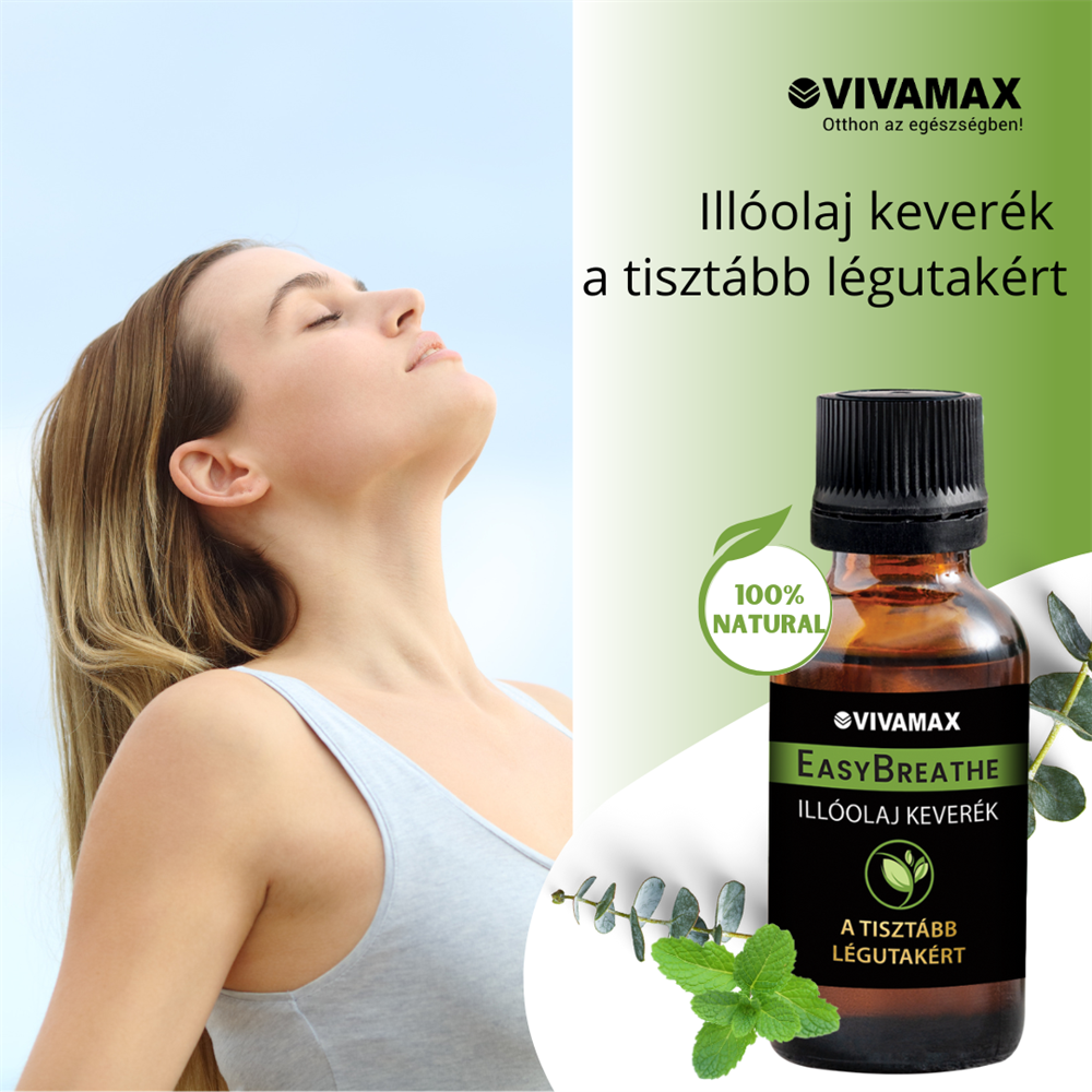 Nő illóolajat szív be. Látható olajos üveg. A szöveg magyarul van.