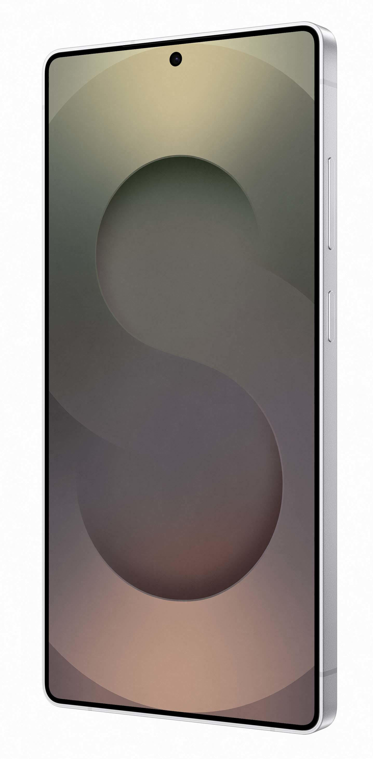 Smartfon z zakrzywionym ekranem, srebrną ramką i okrągłym wzorem.