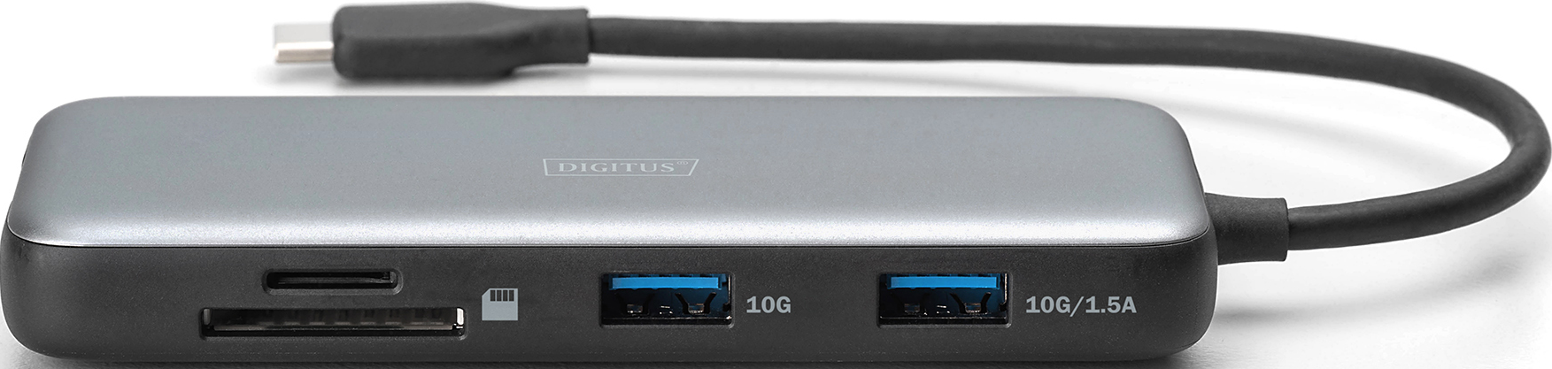 Ein grauer Multi-Port-USB-Hub mit schwarzem Kabel. Er hat Anschlüsse für SD-Karte, USB und USB-C.