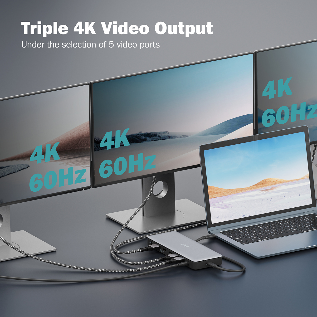 Drei Monitore und ein Laptop. Ein Hub ist angeschlossen. Text: Triple 4K Video Output.