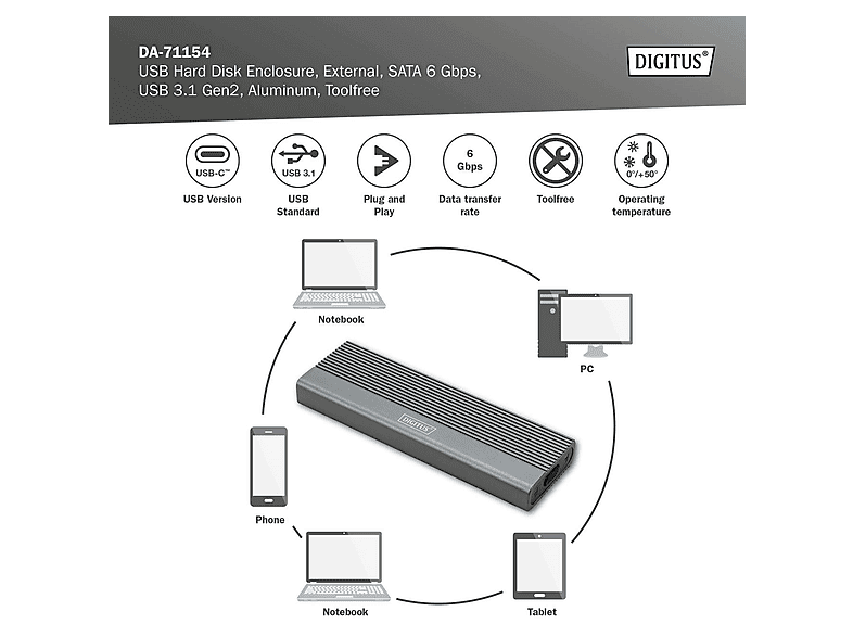 DIGITUS DA-71154 USB M.2 Festplattengehäuse, SSD, extern, SATA, 6Gbps, USB 3.1 Gen2, Aluminium, werkzeugfrei; M.2 SATA SSD-Gehäuse----M.2 SATA SSD-Gehäuse — Foto 5 von 5