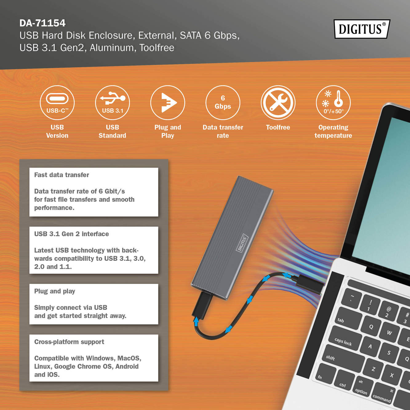 Ein graues USB-Festplattengehäuse mit einem Laptop und informativem Text.