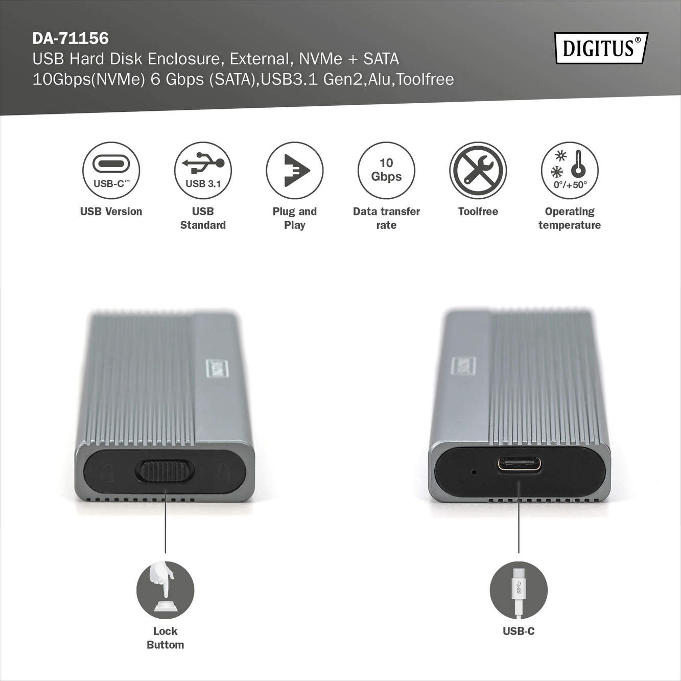 Externes Festplattengehäuse. Silberfarben, mit USB-C-Anschluss, USB-C-Port und einem Verriegelungsknopf.