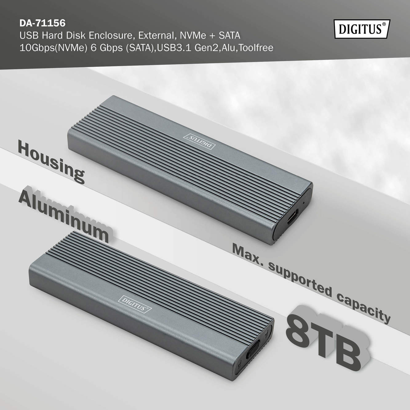Zwei graue Gehäuse mit der Bezeichnung 'Housing' und 'Aluminum'. Das 'DIGITUS' Logo ist zu sehen. '8TB' wird angezeigt.