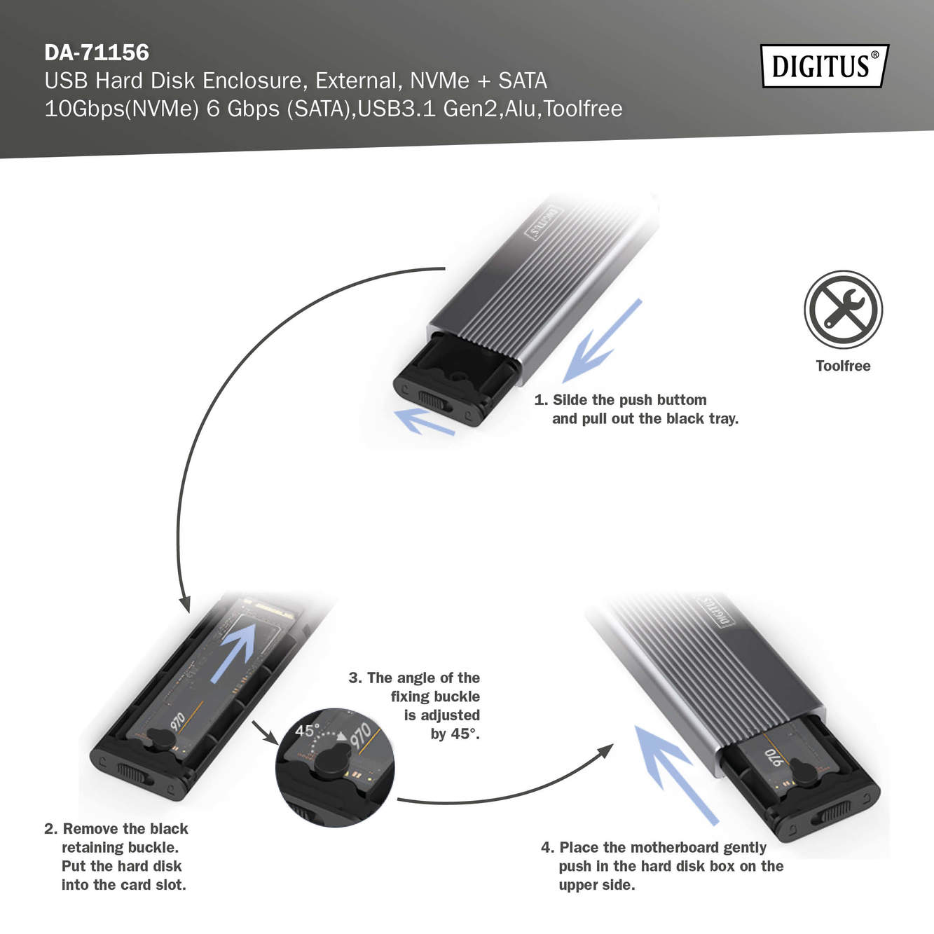 Diagramm, das die Montage eines USB-Festplattengehäuses mit Pfeilen und nummerierten Schritten zeigt.