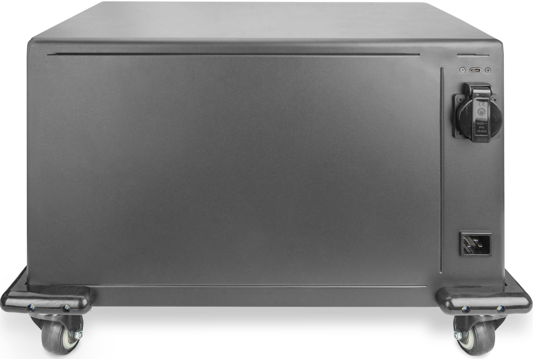 Schwarze Metallbox auf Rädern, mit Steckdose und USB-C-Anschluss.