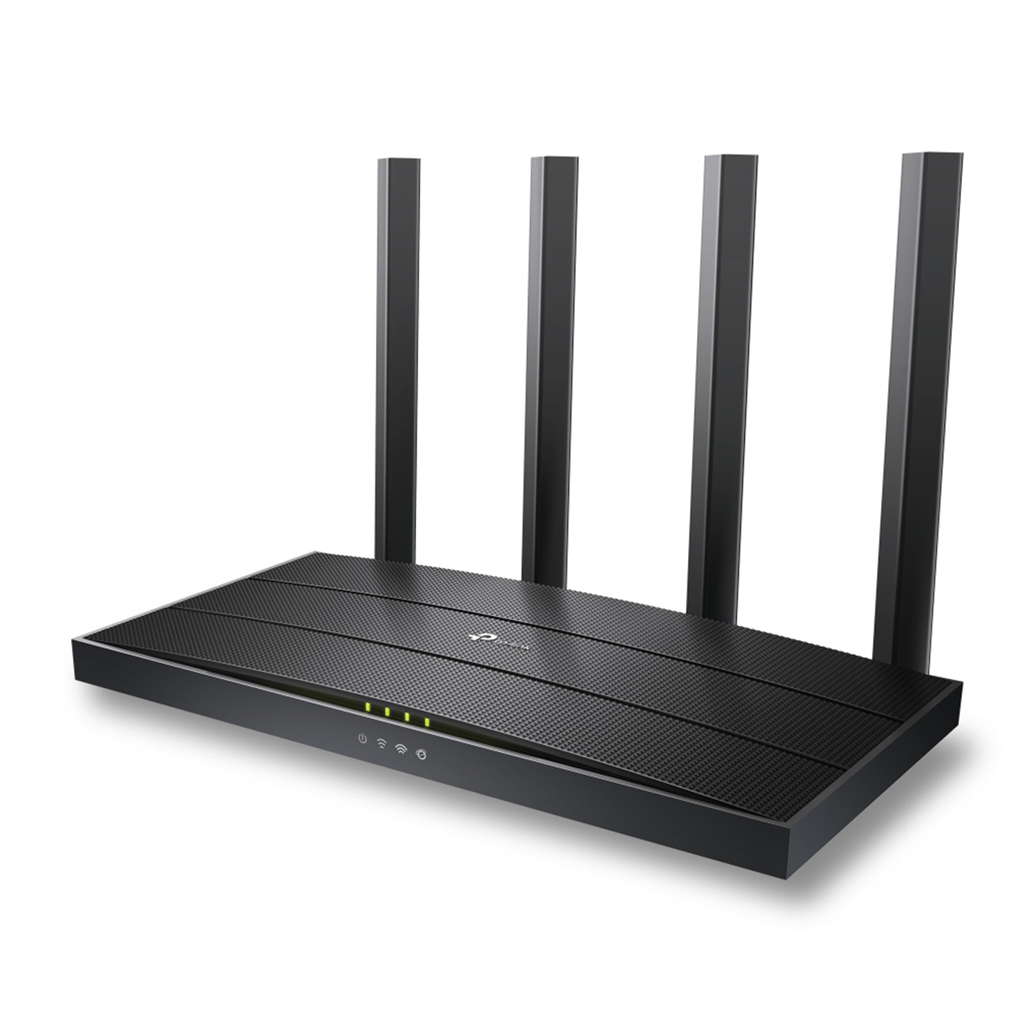 Un router nero con quattro antenne su sfondo bianco, vista isolata.