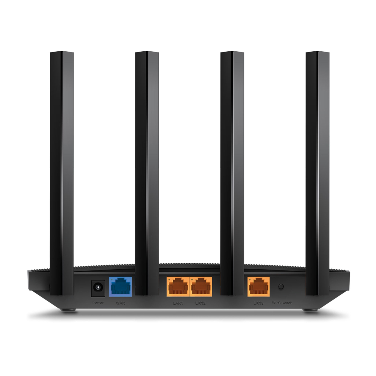 Un router nero con quattro antenne. Il retro mostra le porte per alimentazione, WAN, LAN e WPS.