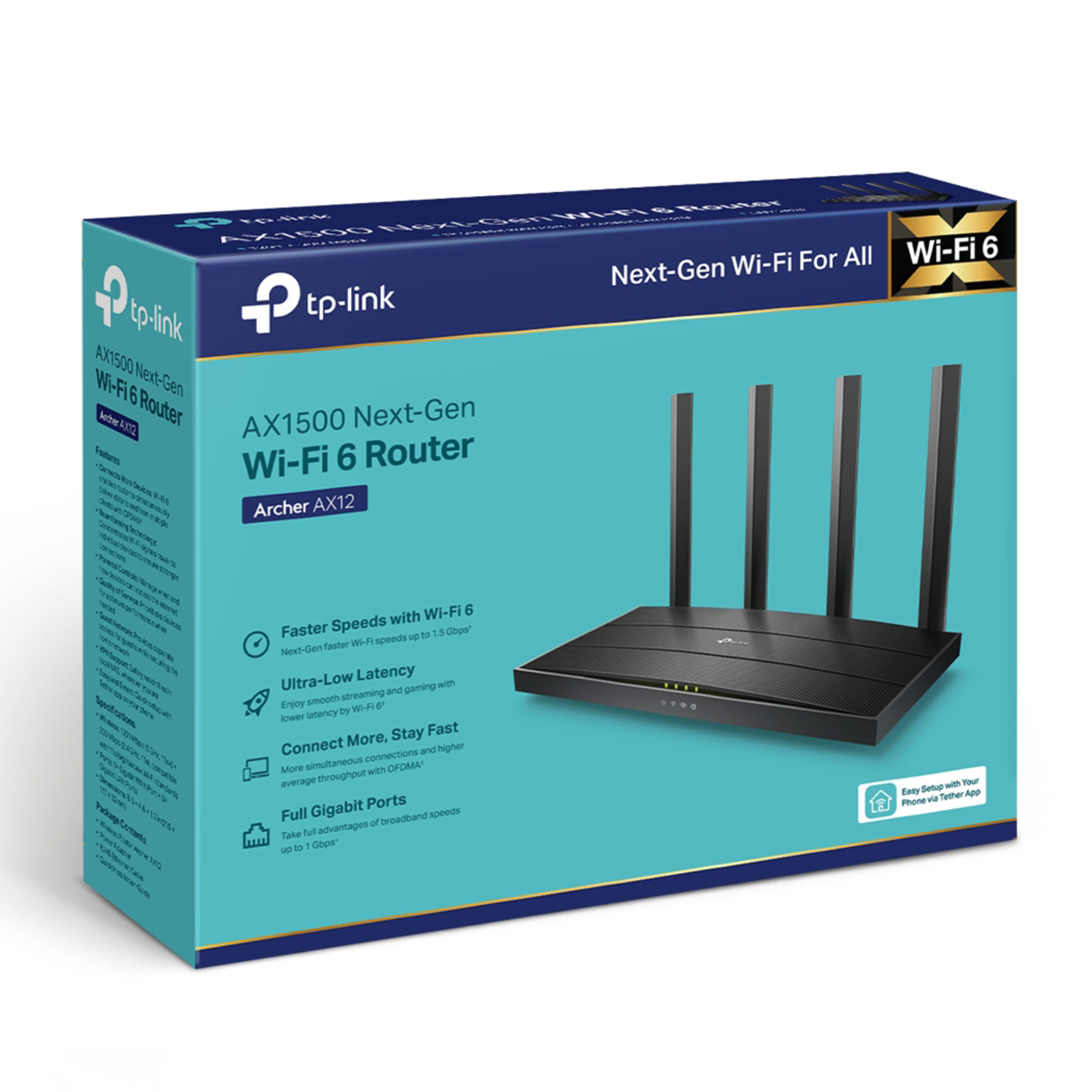 Una scatola del router TP-Link AX1500 Next-Gen Wi-Fi 6. La scatola è azzurra con un router nero all'interno.