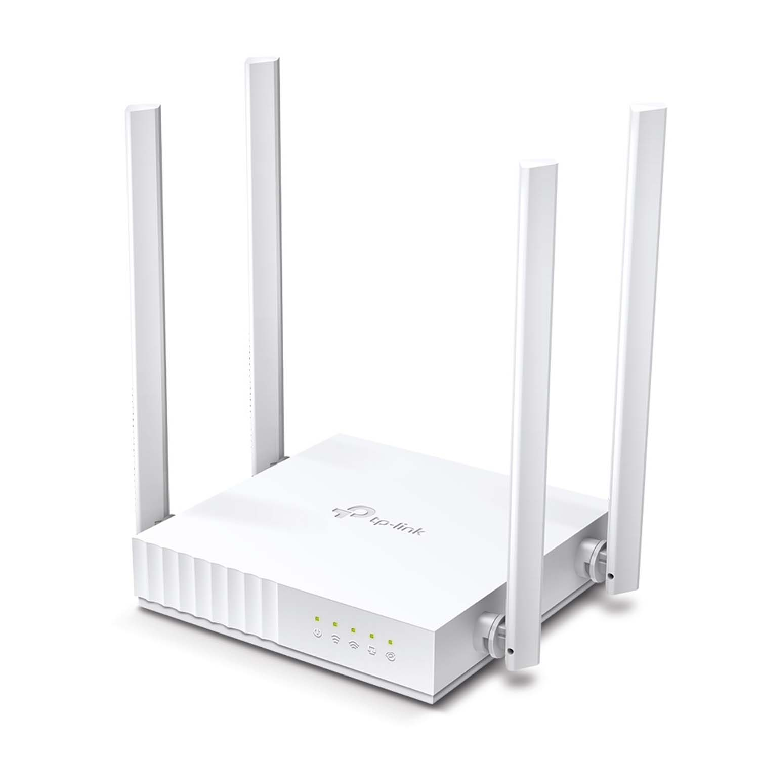 Router bianco con quattro antenne, sfondo bianco. Logo Tp-link visibile.