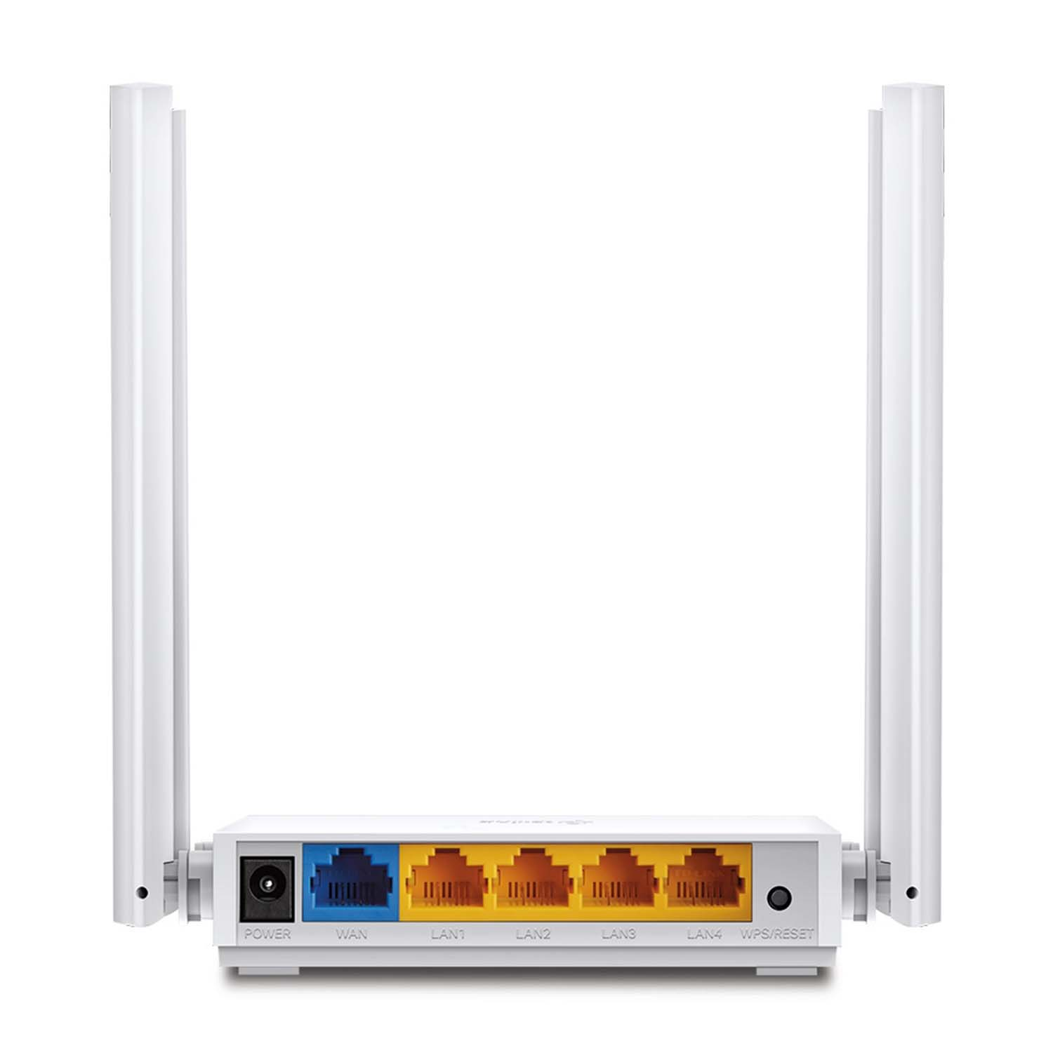 Pannello posteriore di un router bianco con porte. Il router ha due antenne su sfondo bianco.