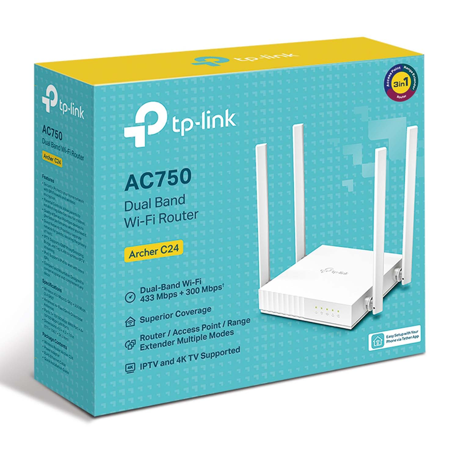 Scatola e router TP-Link. La scatola è verde acqua e gialla, il router è bianco. Sfondo bianco.