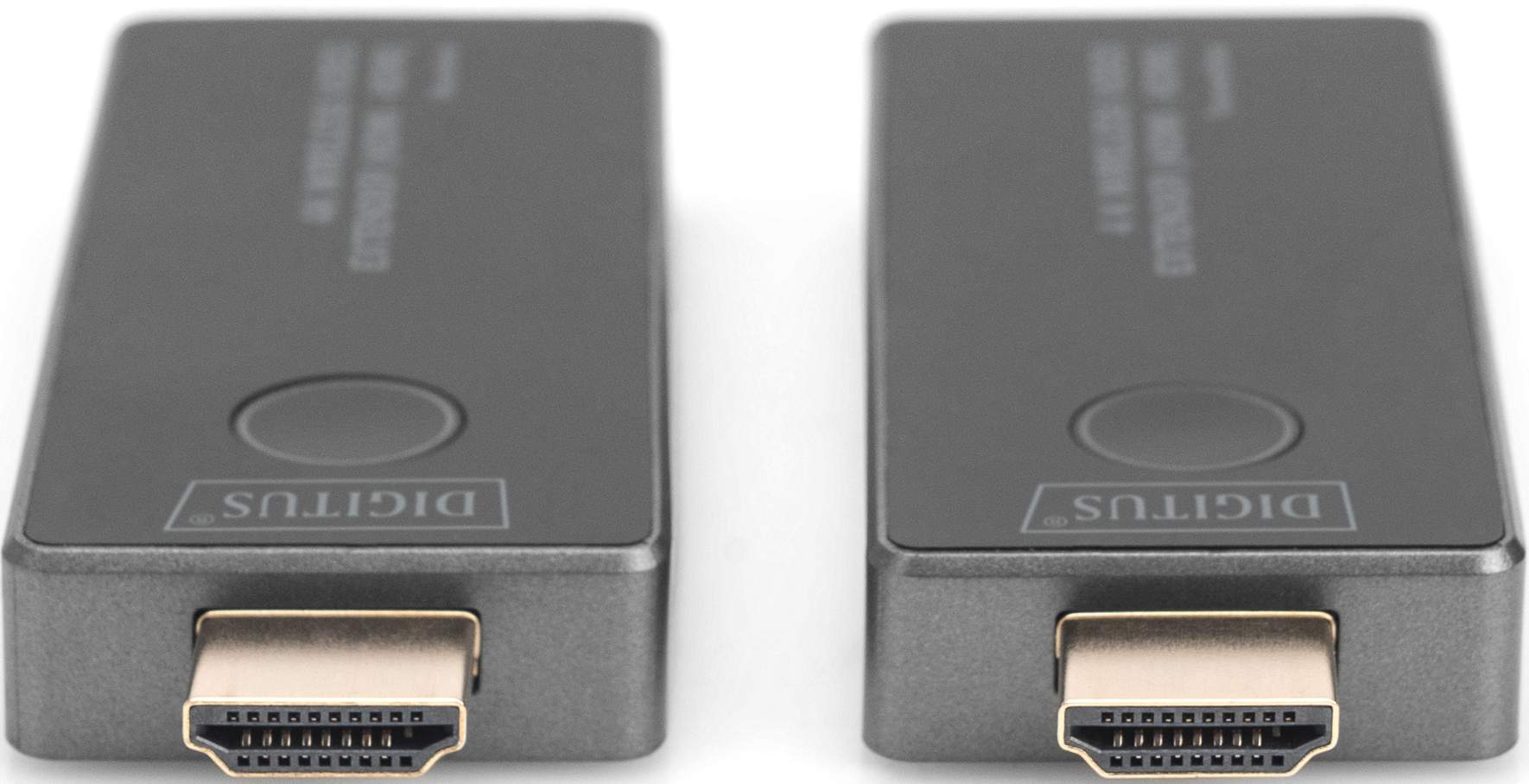 Zwei schwarze HDMI-Extender. Sie haben HDMI-Anschlüsse und das Wort DIGITUS darauf.