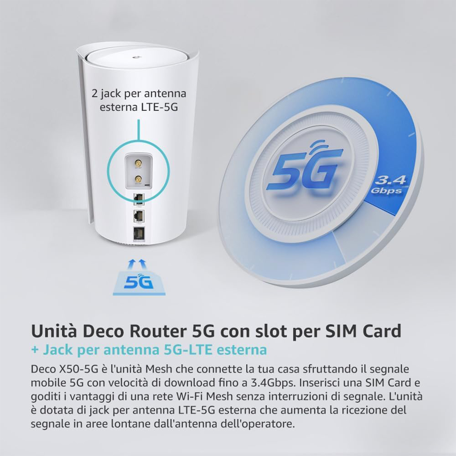 Router bianco con testo e icona 5G blu. Dispone di uno slot per scheda SIM su sfondo bianco.