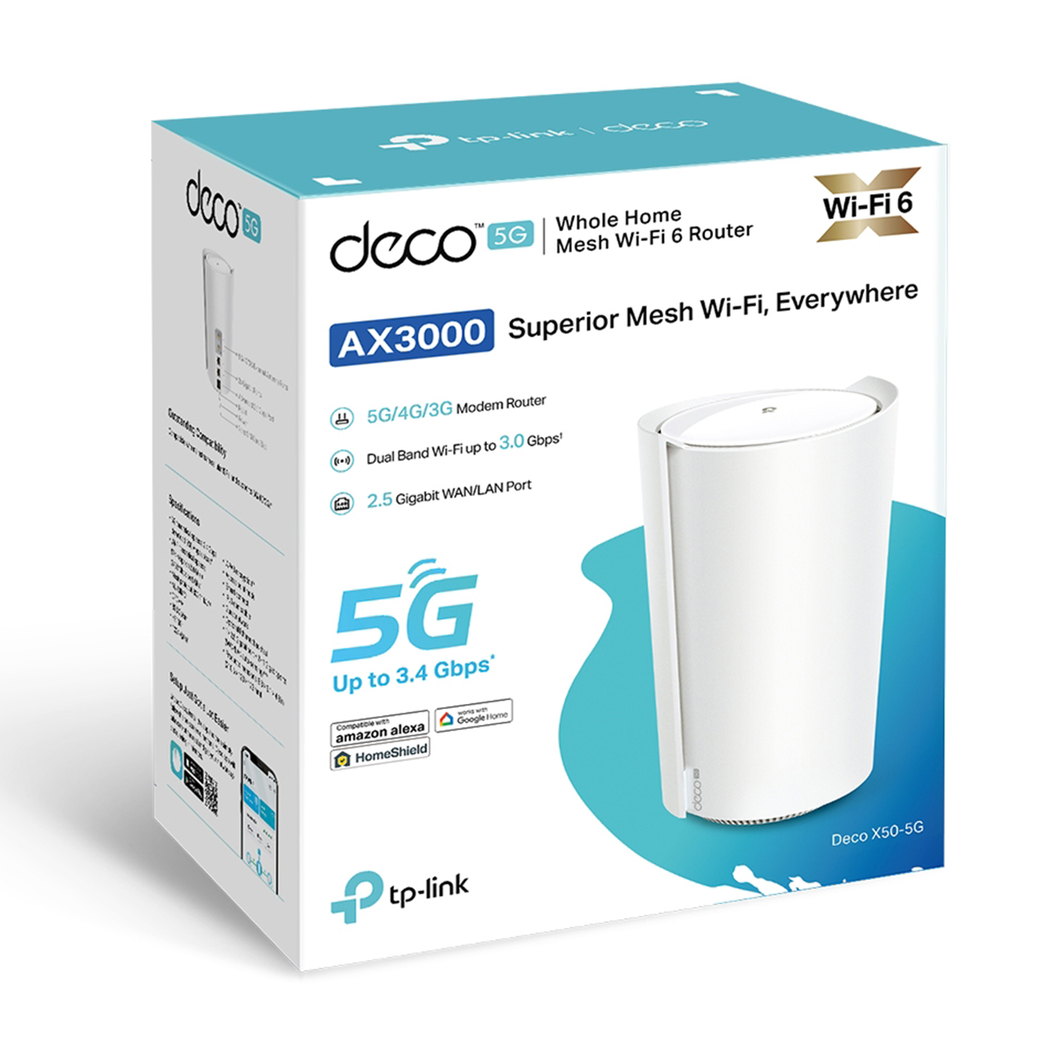 Scatola bianca e blu di un router mesh Wi-Fi 6 con un modello di router e specifiche.