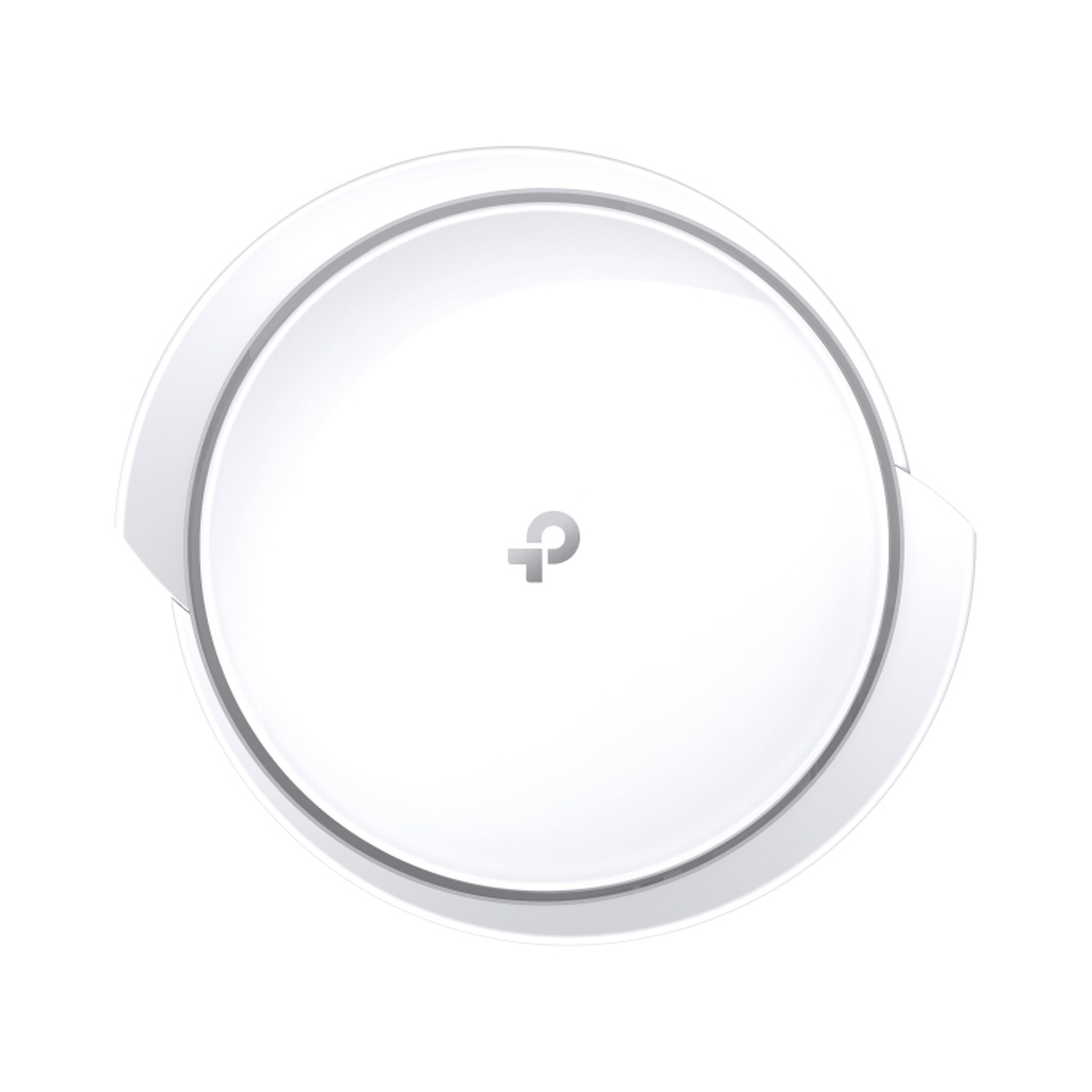 Un dispositivo TP-Link bianco e rotondo con un logo centrale è mostrato su sfondo bianco.