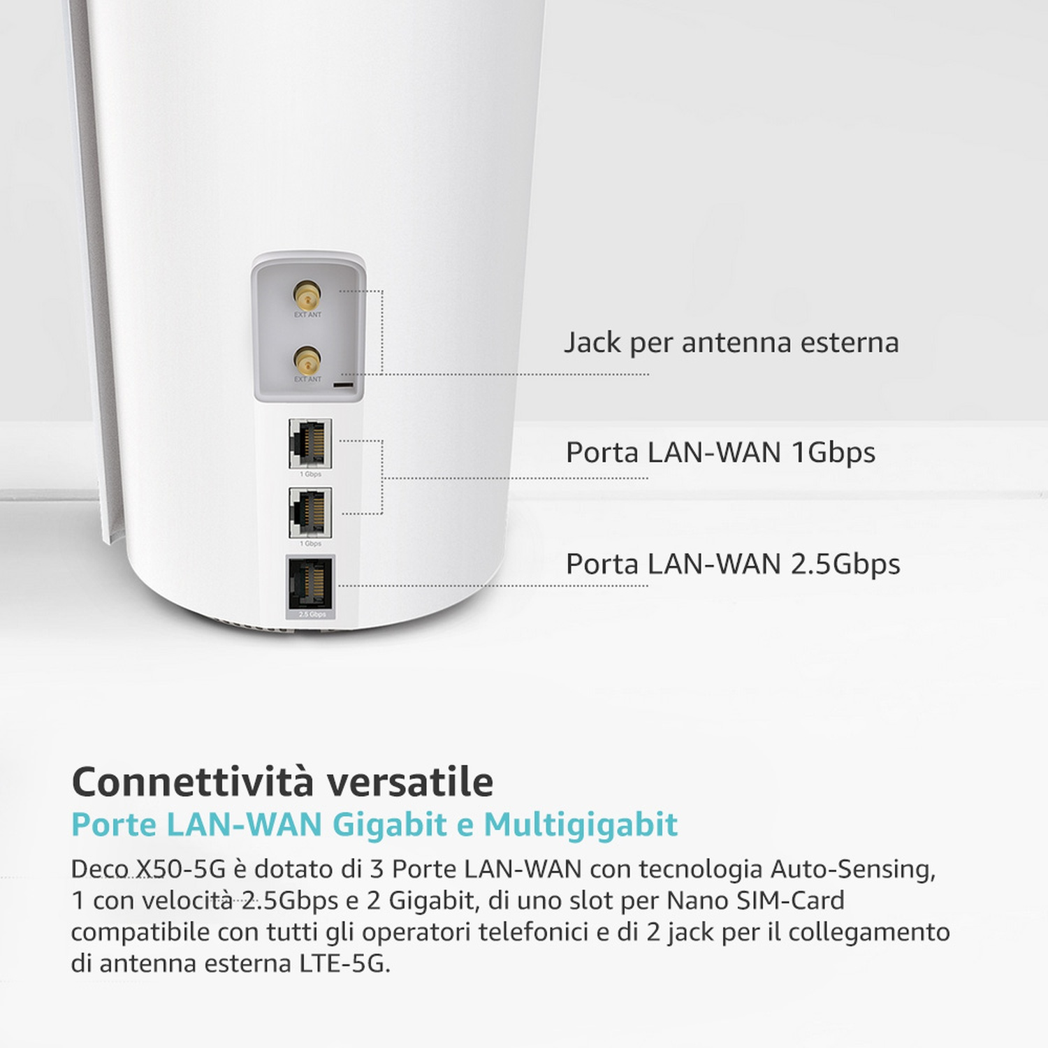 Primo piano di un router bianco con porte ed etichette, con testo in italiano.