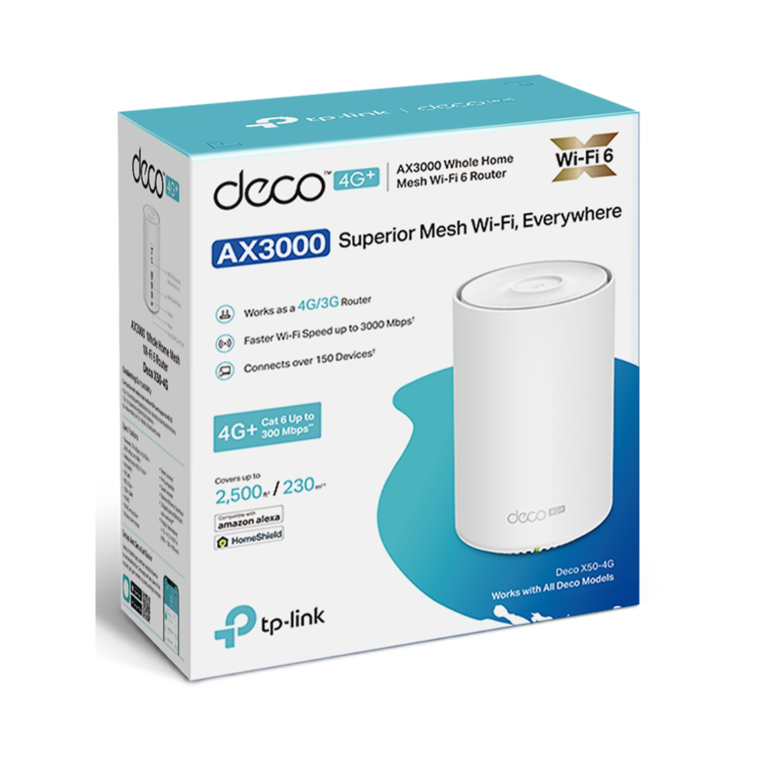 Scatola di un router bianco con testo e icone. Lo sfondo è bianco.
