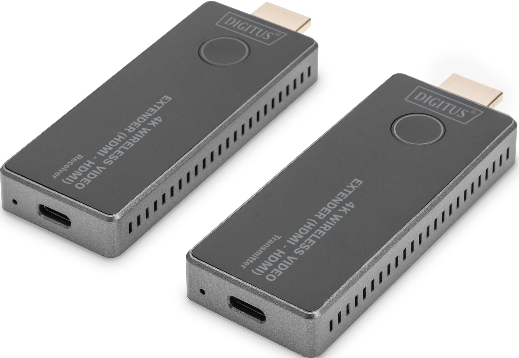 Zwei graue drahtlose HDMI-Video-Extender mit schwarzem Knopf und USB-Anschluss.