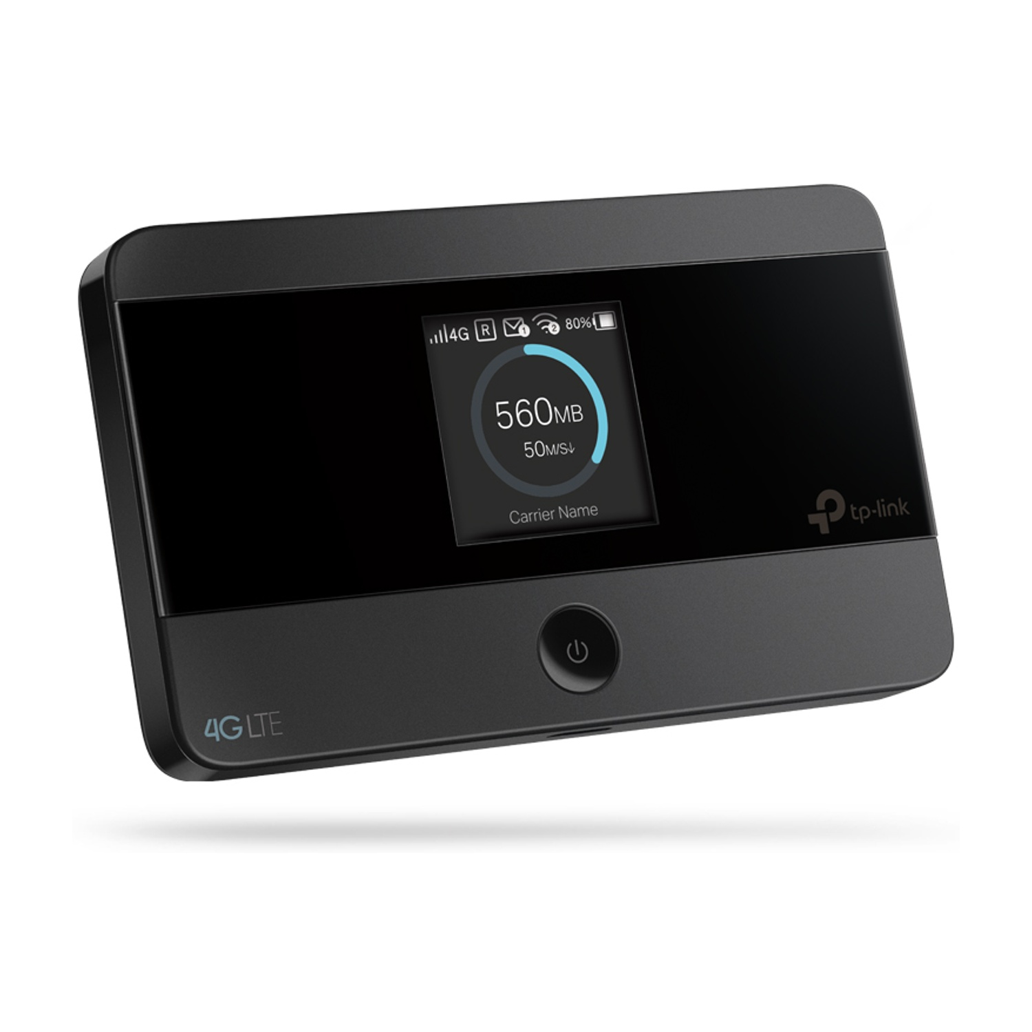 Hotspot mobile 4G LTE nero con display che mostra informazioni di connessione e dati.