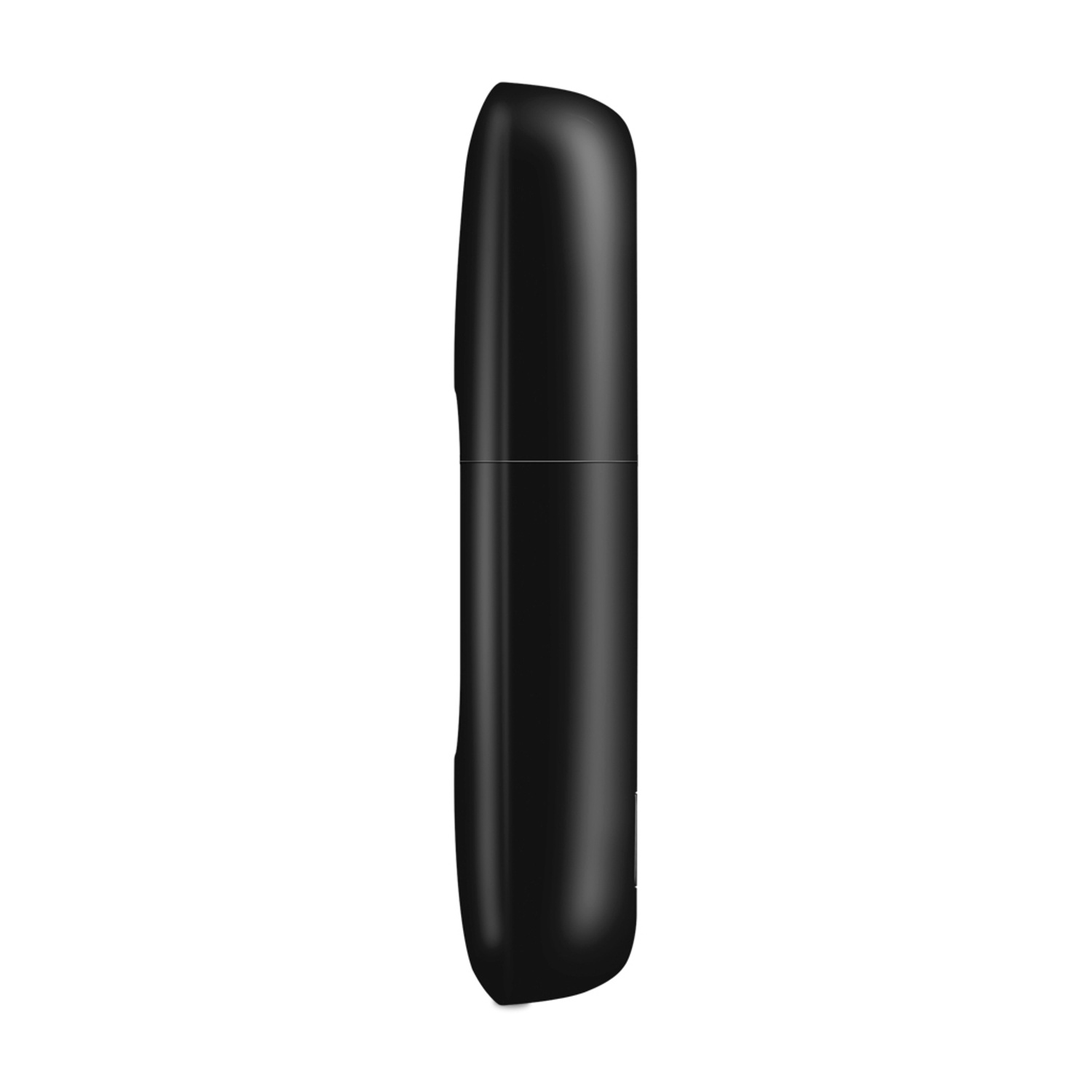 Un telecomando nero ed elegante su sfondo bianco. Il telecomando è verticale.