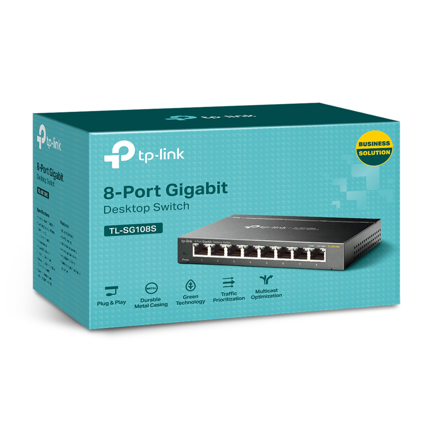 Una scatola con sopra uno switch Gigabit tp-link, su sfondo bianco.