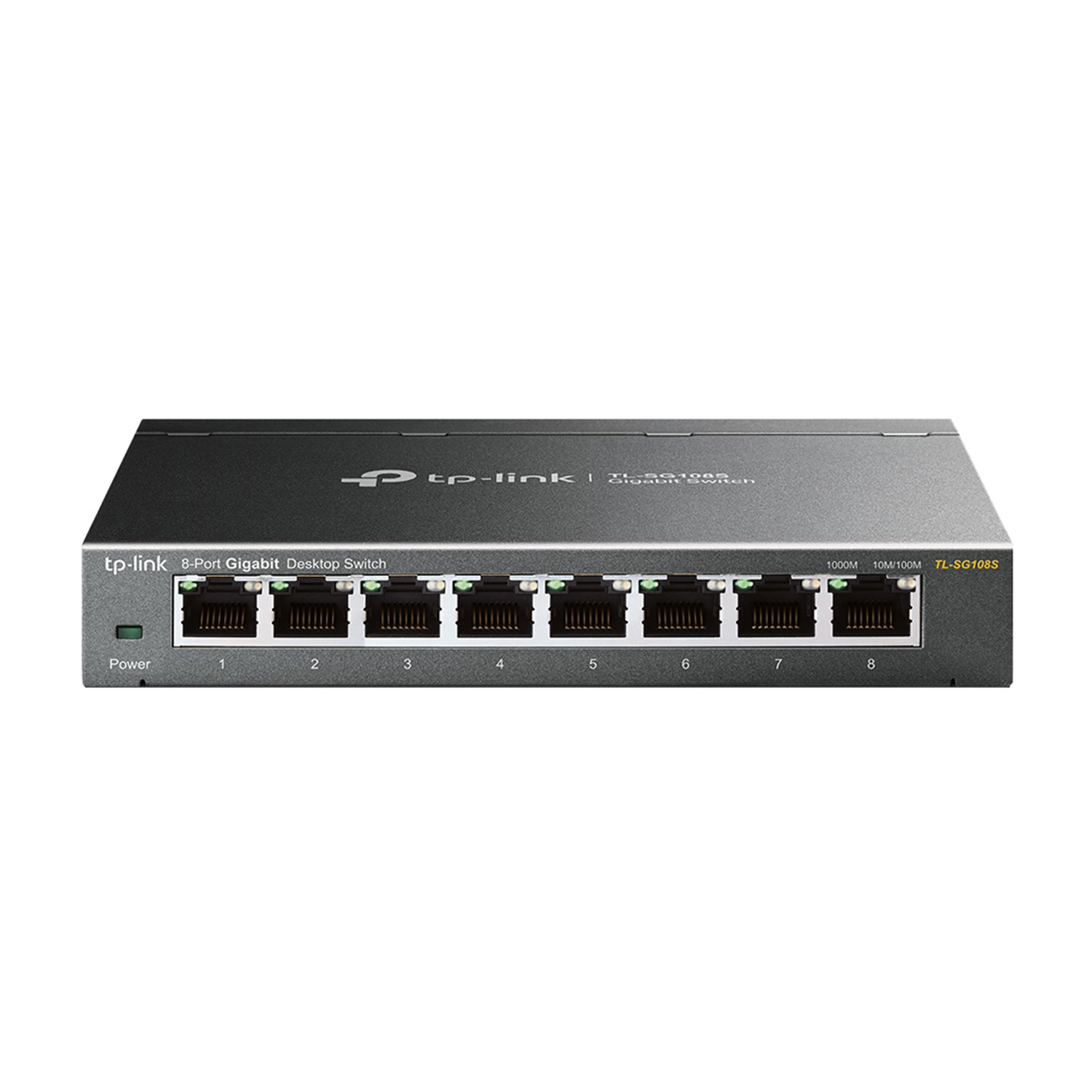 Switch Gigabit a 8 porte nero con porte e pulsante di accensione. Sfondo bianco.