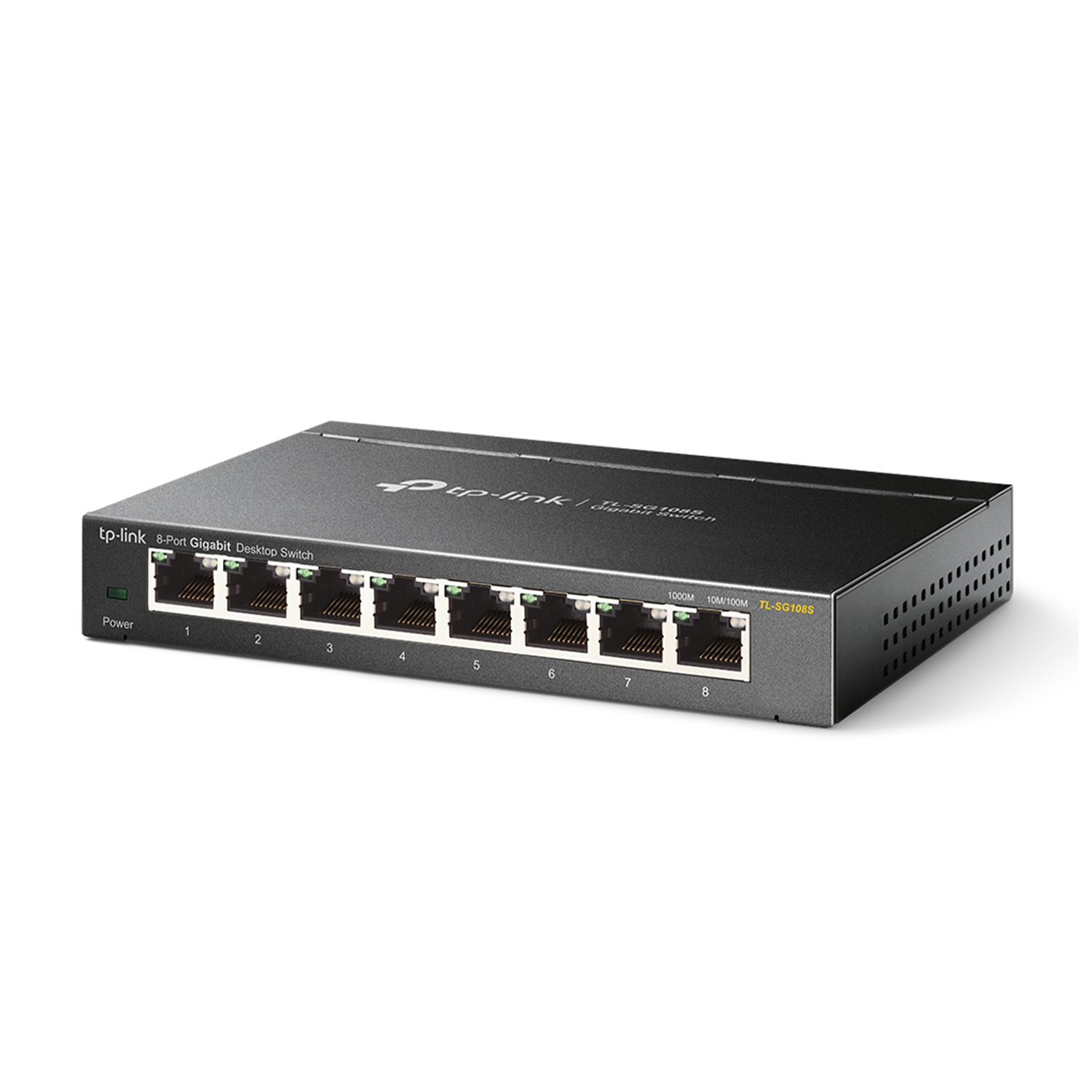 Switch Gigabit a 8 porte nero con porte e pulsante di accensione. Sfondo bianco.