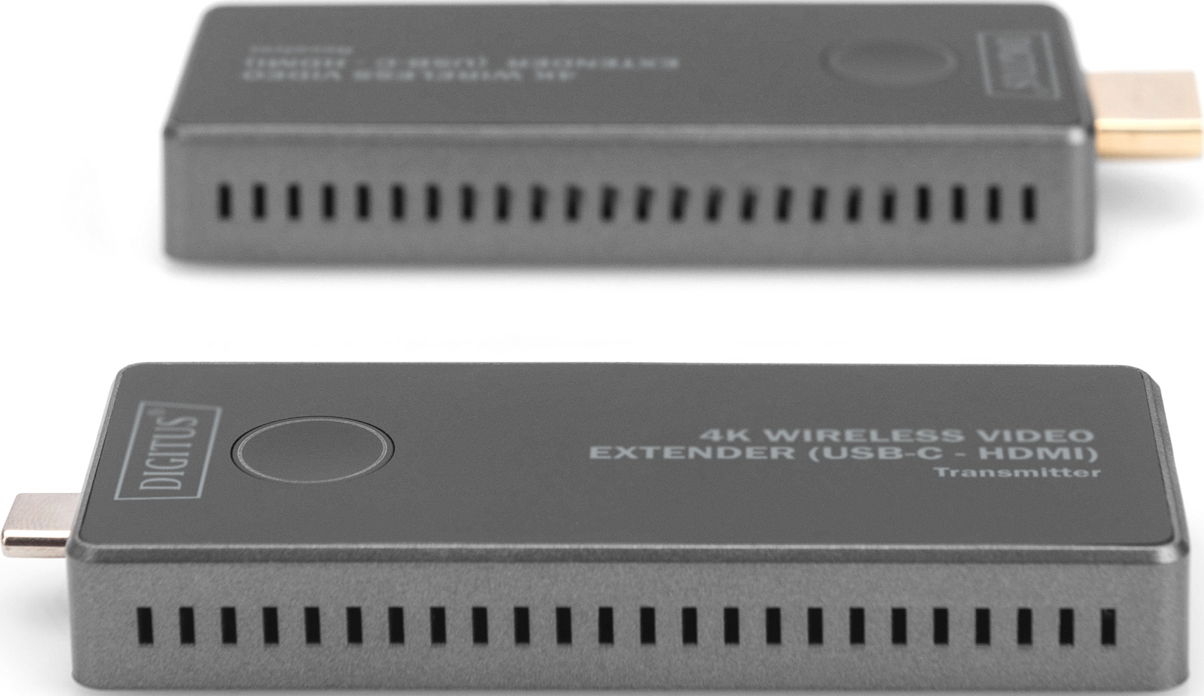 Zwei schwarze 4K Wireless Video Extender. Einer oben, der andere unten.