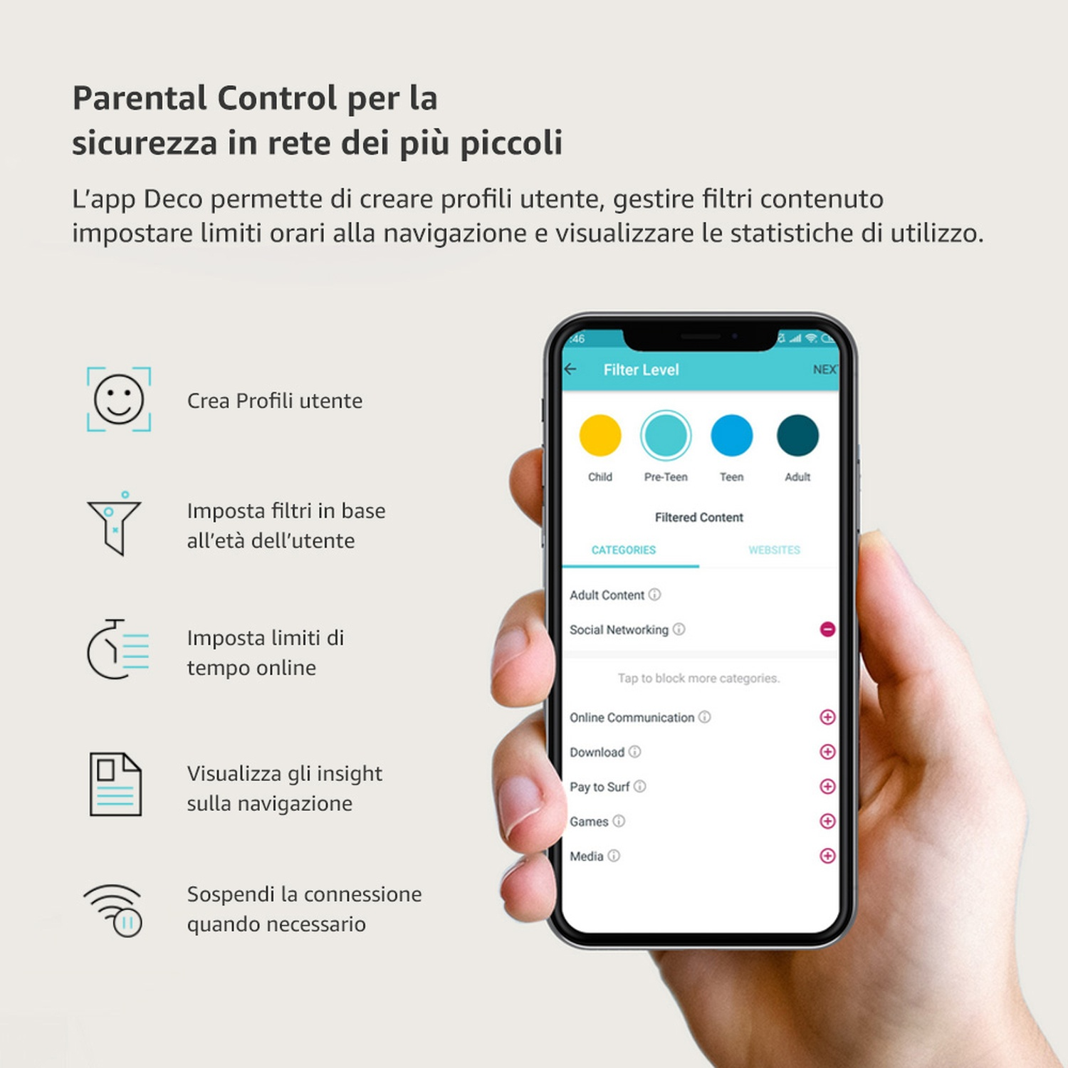 Una mano che tiene in mano uno smartphone che mostra funzioni di controllo parentale per la sicurezza dei bambini.