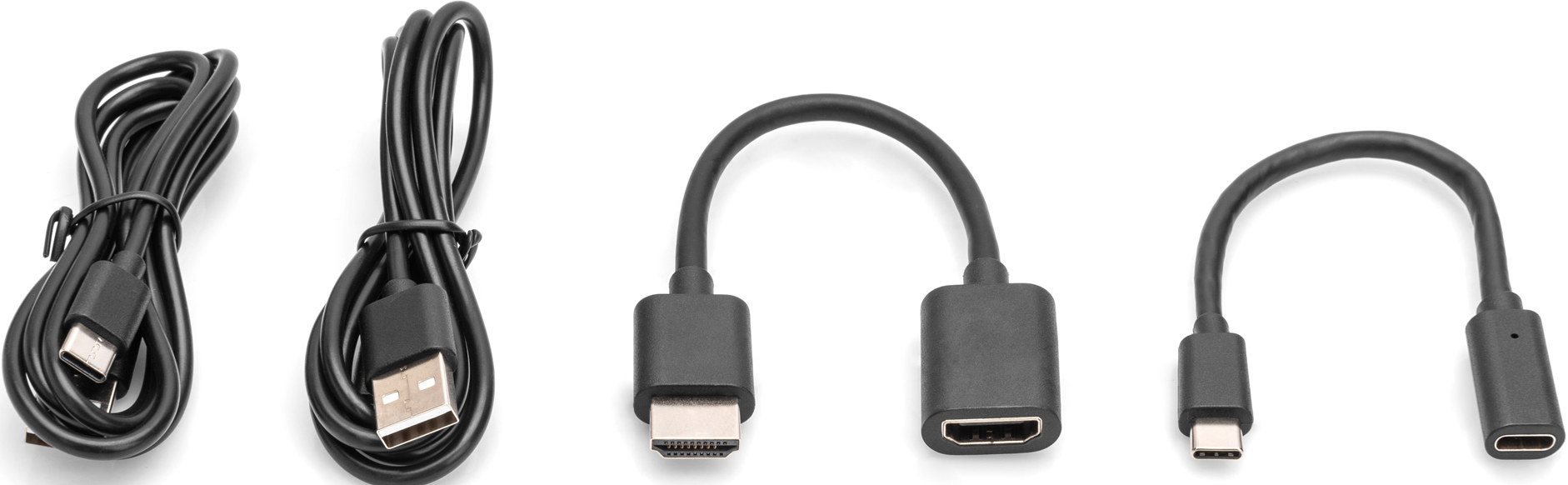 Mehrere schwarze Kabel mit verschiedenen Anschlüssen, USB, HDMI und USB-C.