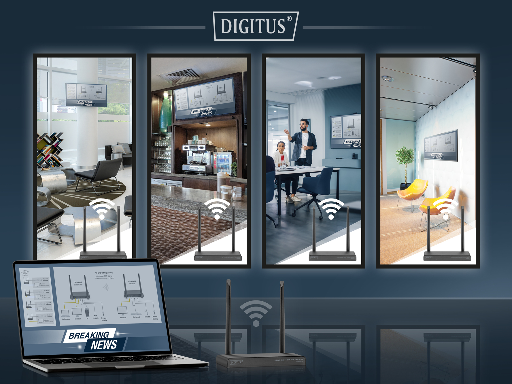 Ein Laptop zeigt ein Netzwerkdiagramm. Die Szene hat vier Bildschirme mit verschiedenen Umgebungen, die ein Café und ein Büro zeigen.