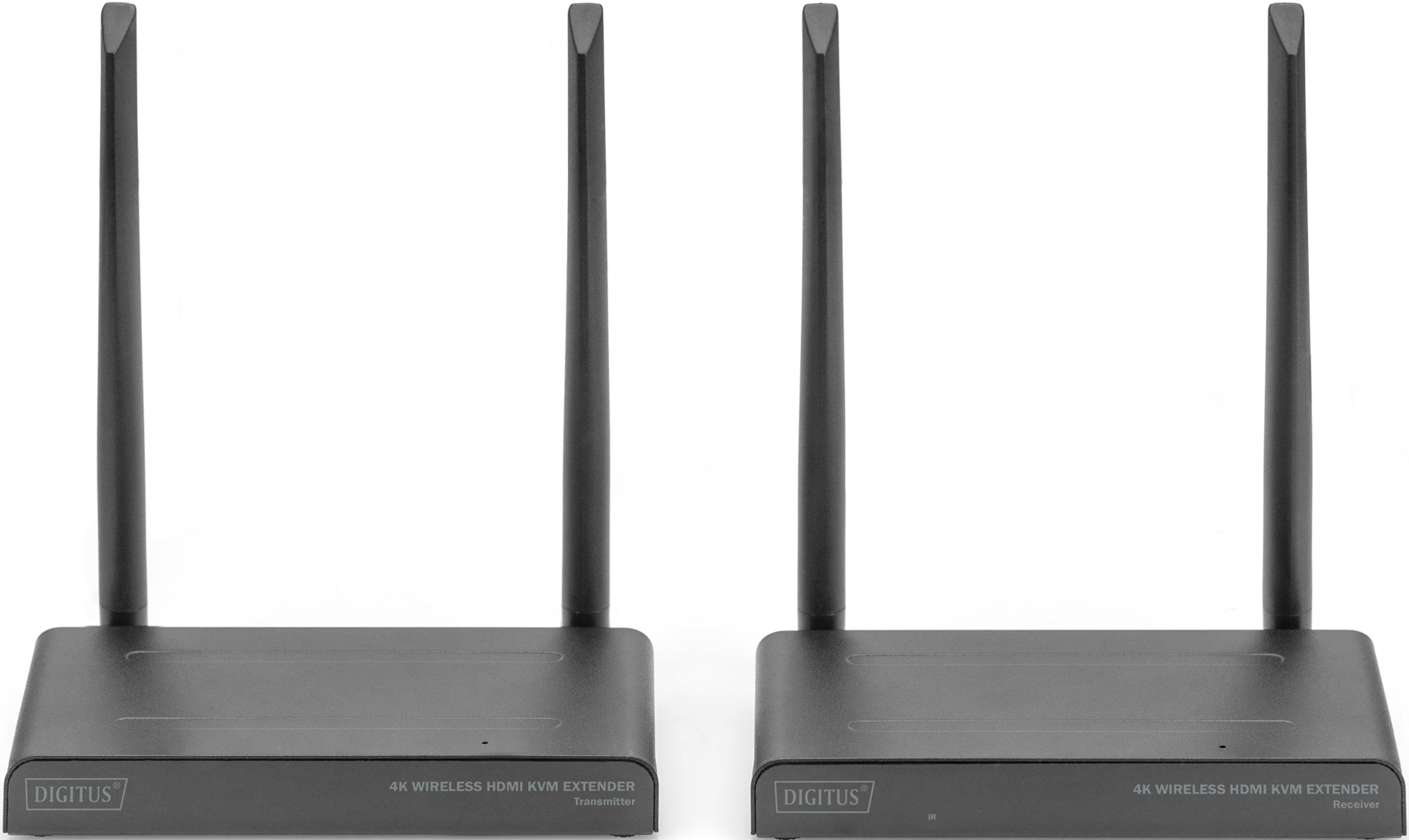 Zwei schwarze Geräte mit Antennen. Die Geräte sind mit '4K Wireless HDMI KVM Extender' beschriftet. Das Wort 'DIGITUS' ist ebenfalls sichtbar.