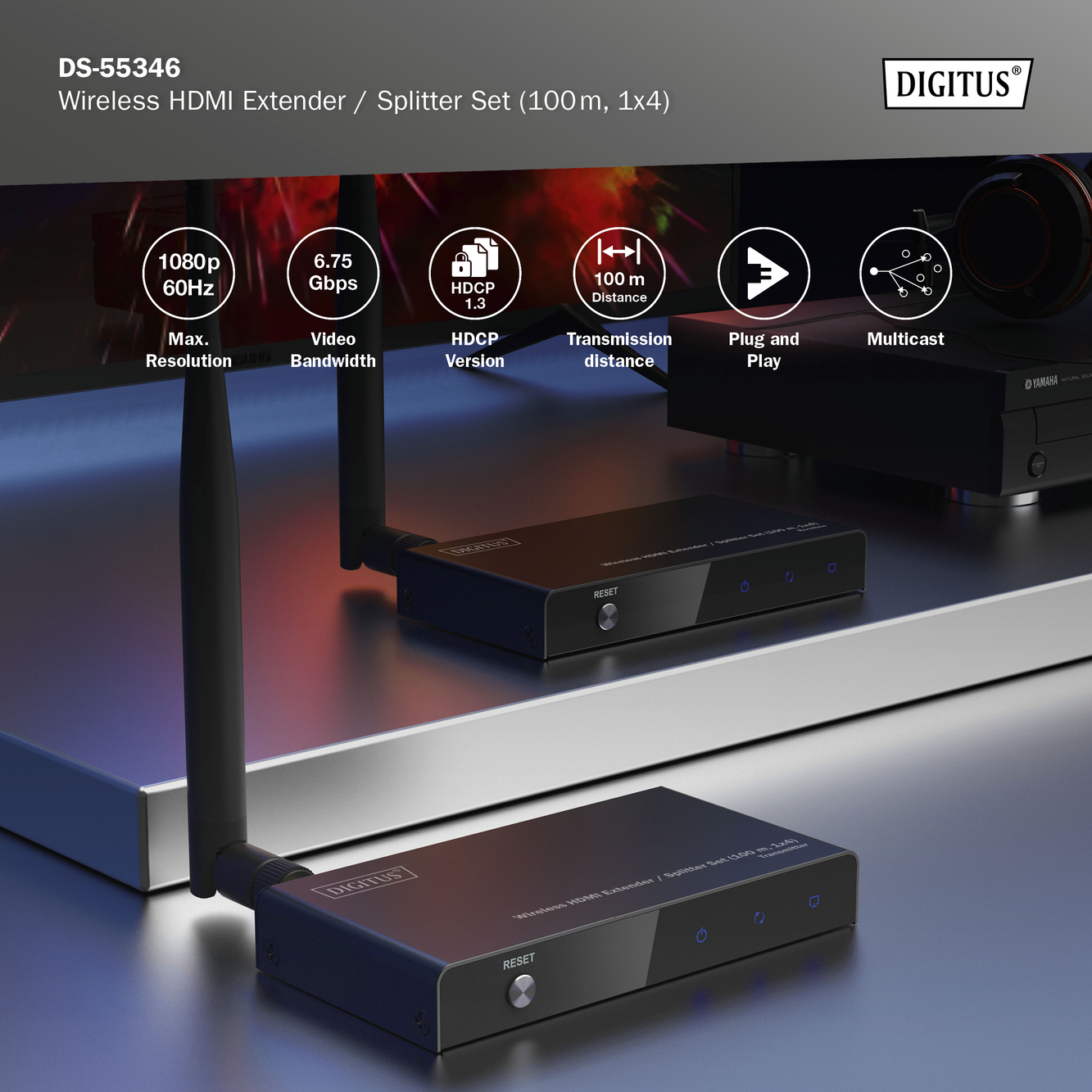 Kabelloses HDMI-Extender/Splitter-Set mit zwei schwarzen Geräten.