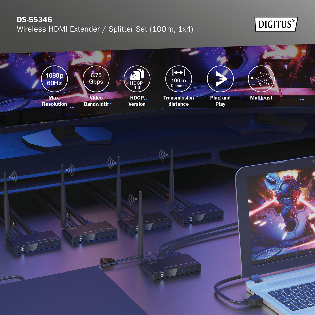 Ein schwarzes HDMI-Extender-Set mit mehreren Empfängern und einem Laptop, das 1080p 60Hz Video bewirbt.